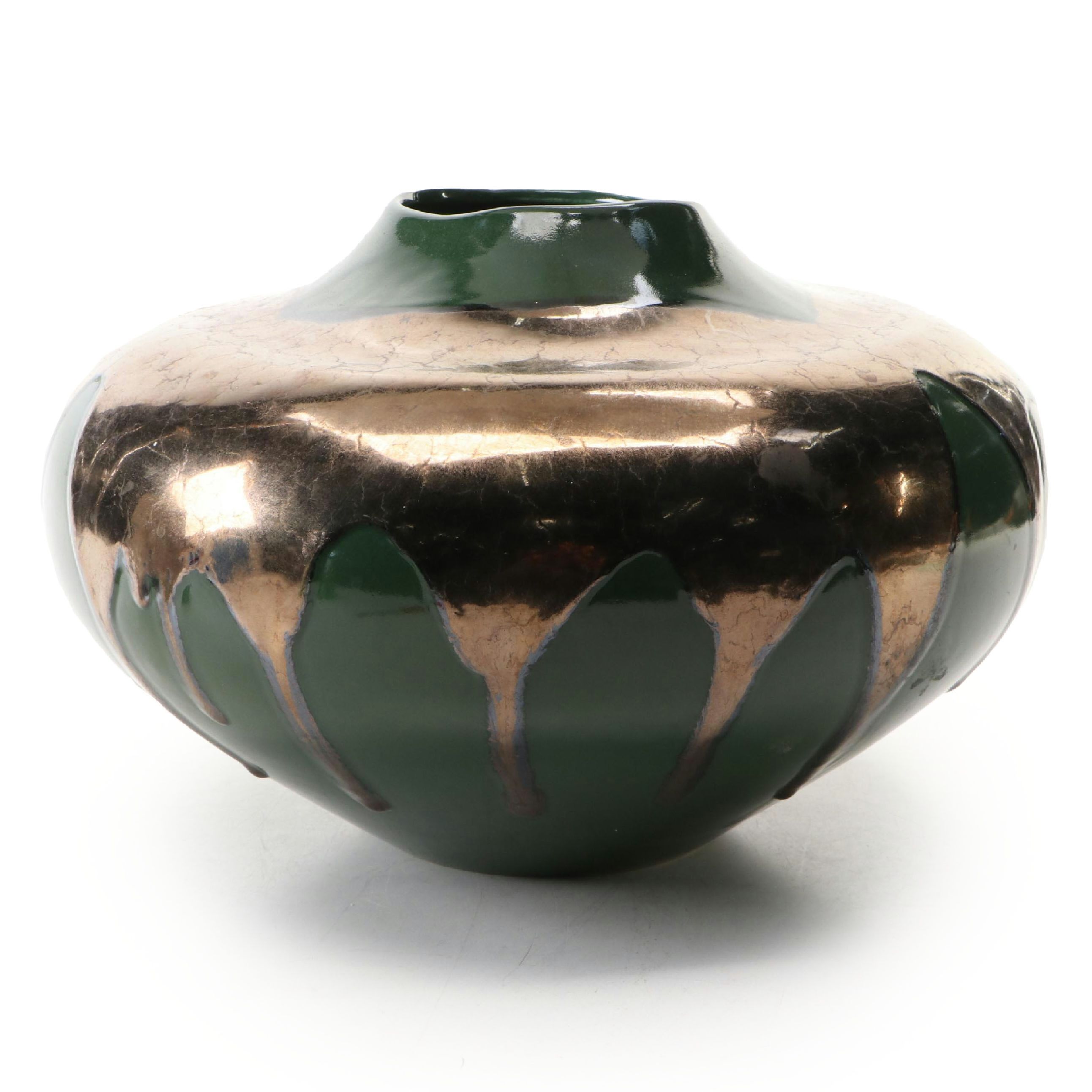 Haeger Green Metallic Ceramic Drip Vase, Late 20th Century
