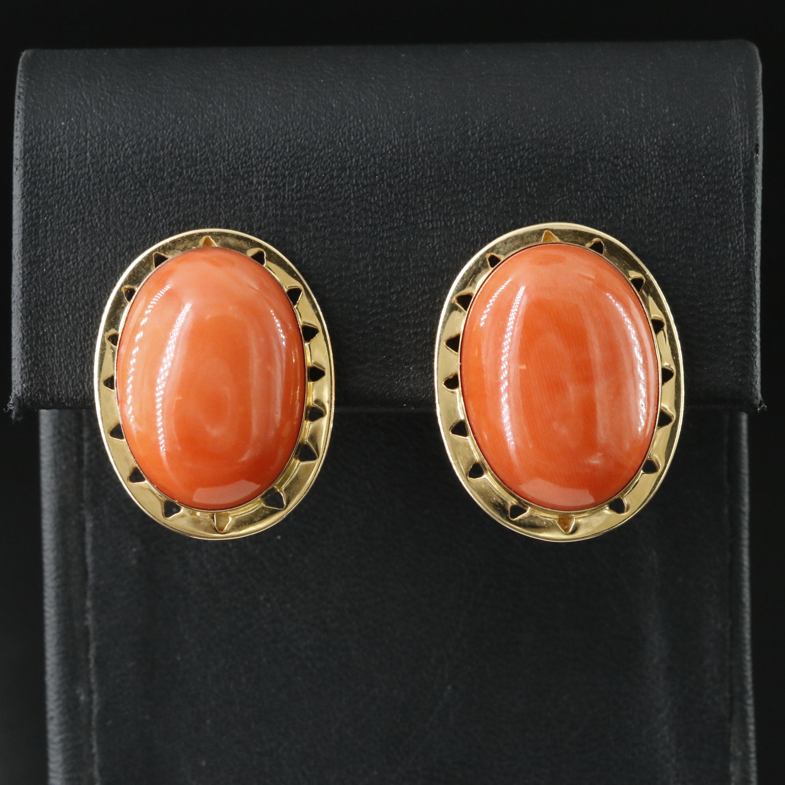 18K Coral Cabochon Earrings in Pierced Frame