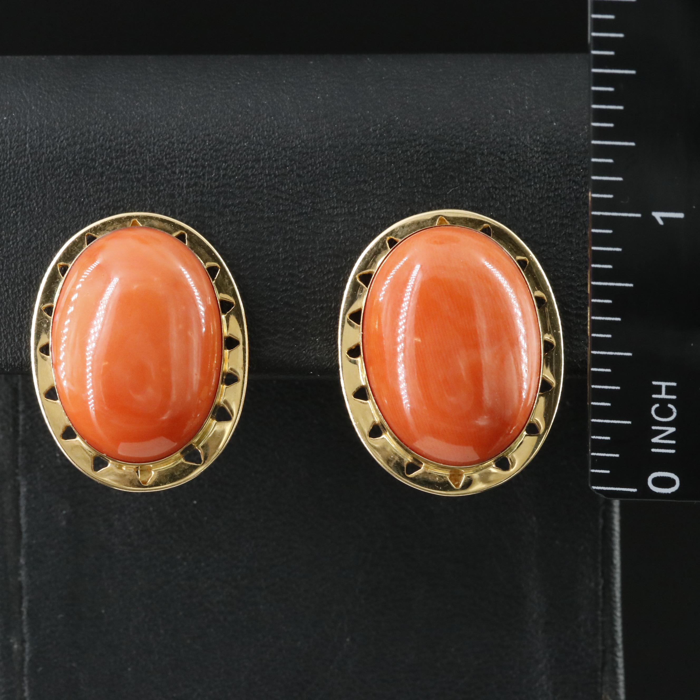18K Coral Cabochon Earrings in Pierced Frame