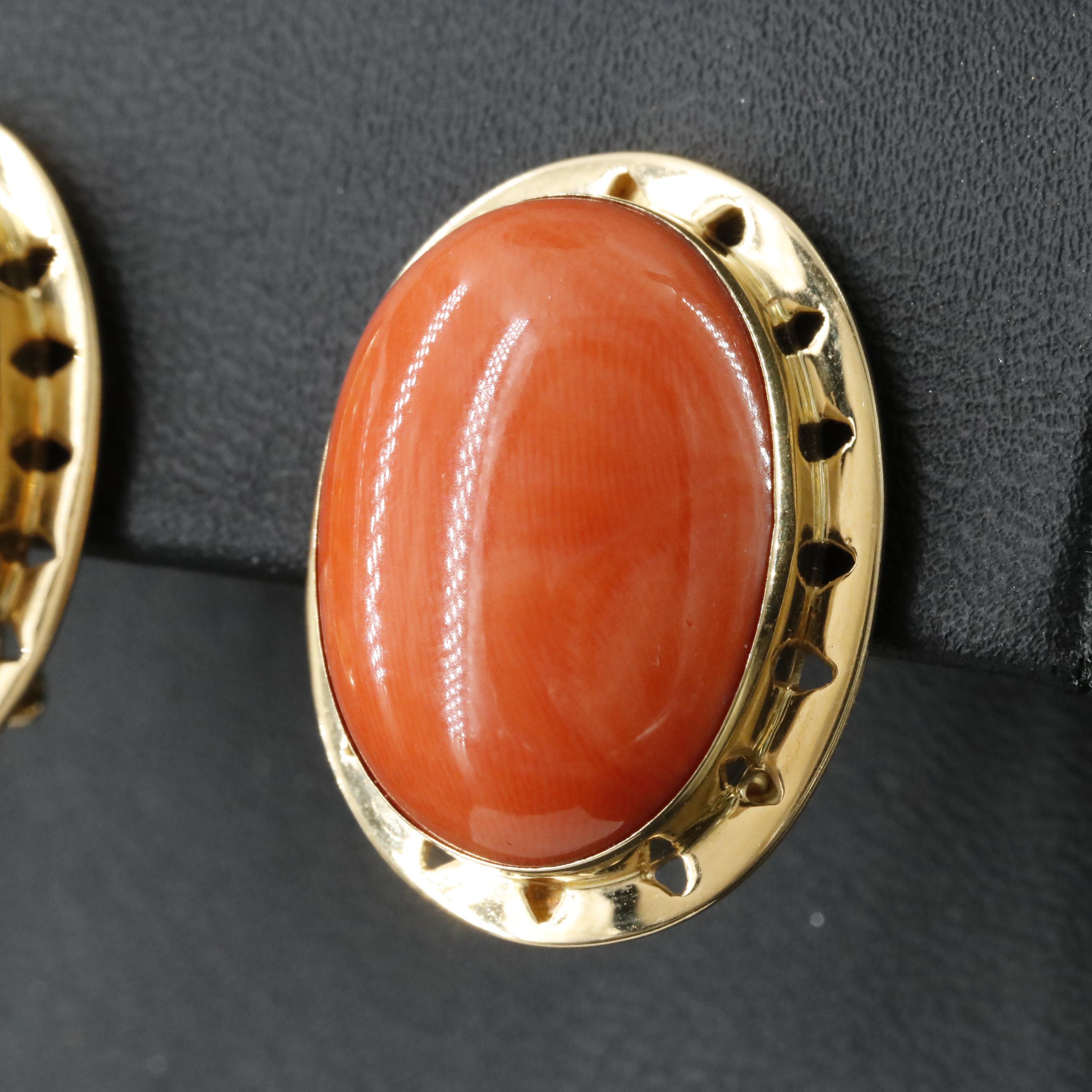 18K Coral Cabochon Earrings in Pierced Frame