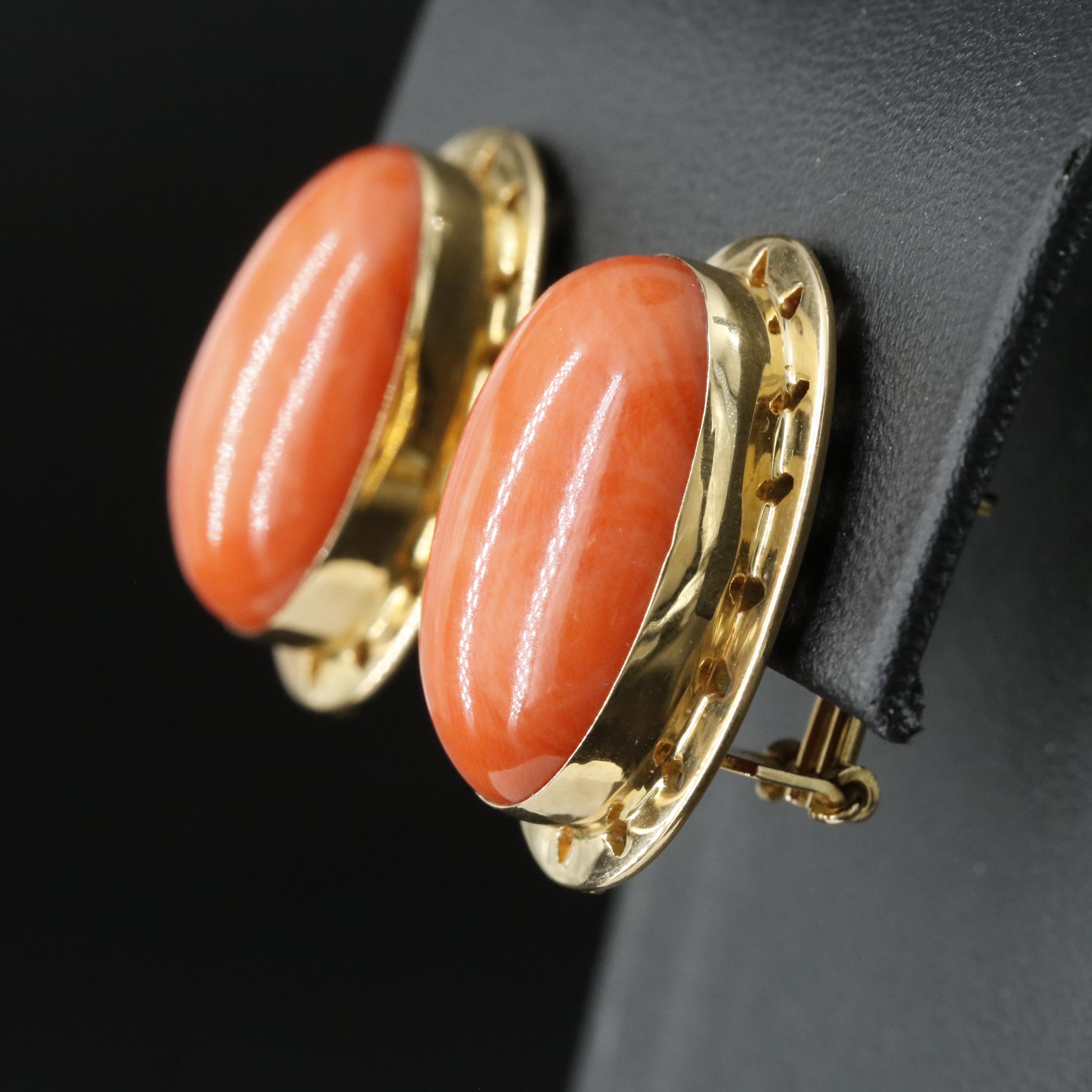 18K Coral Cabochon Earrings in Pierced Frame
