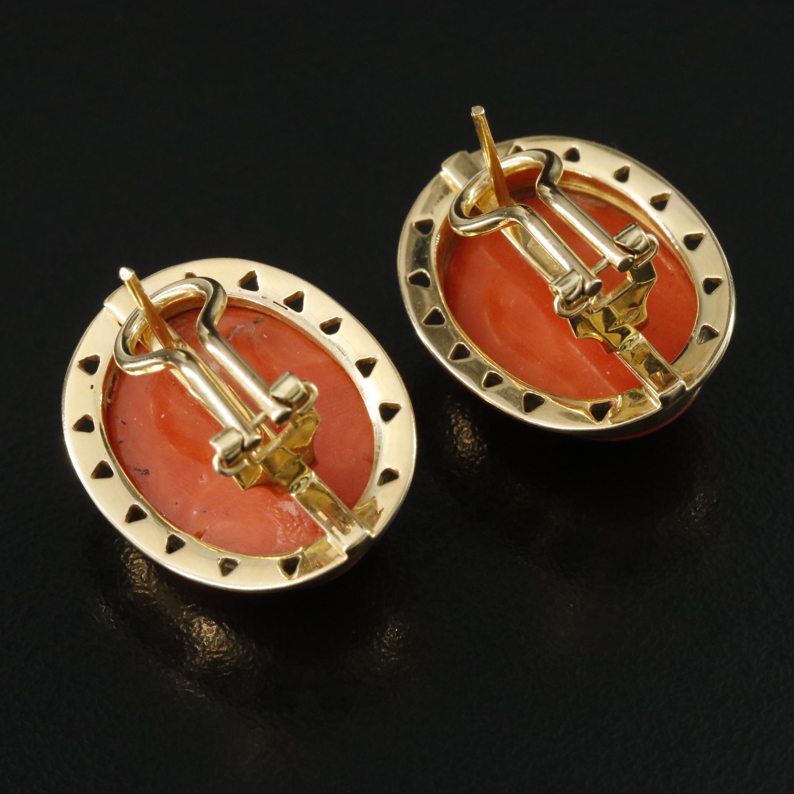 18K Coral Cabochon Earrings in Pierced Frame