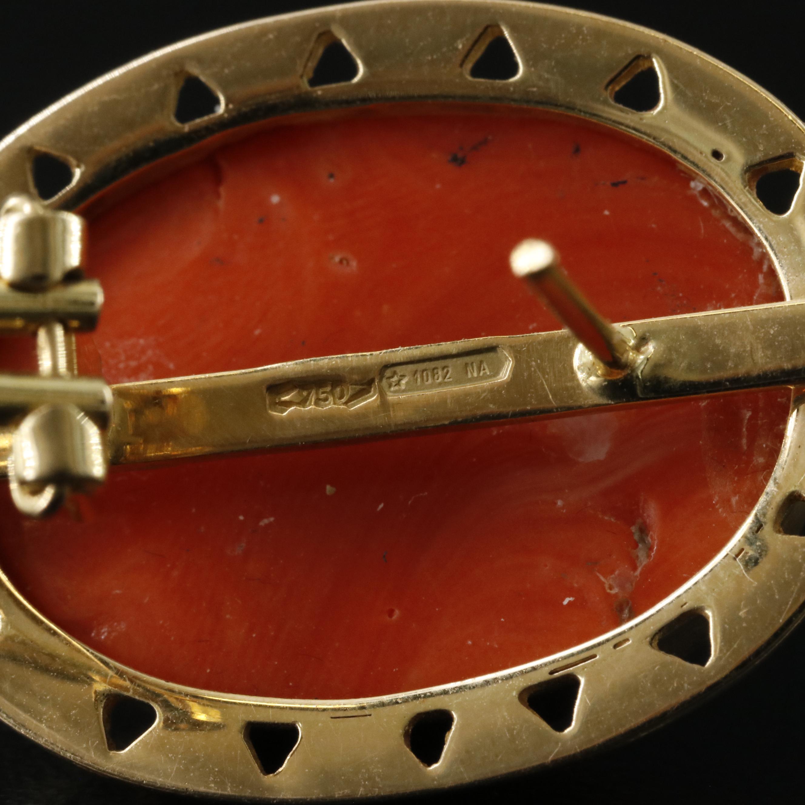 18K Coral Cabochon Earrings in Pierced Frame