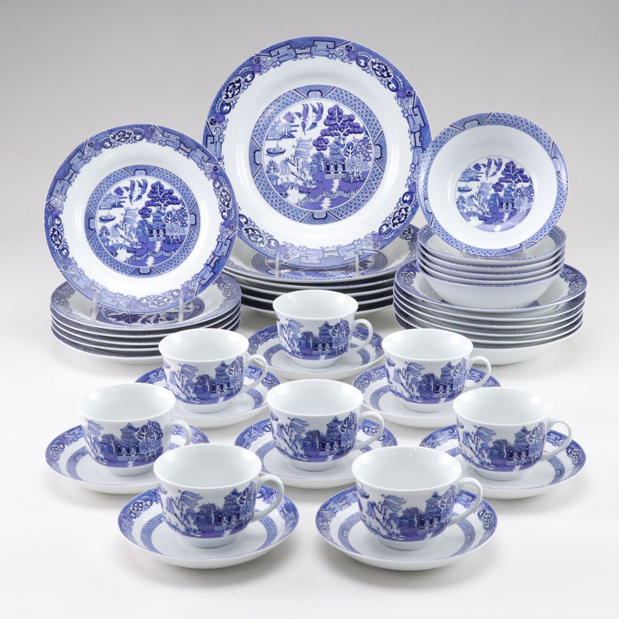 Royal Cuthbertson "Blue Willow" Dinnerware Set for Six with Extra Cups
