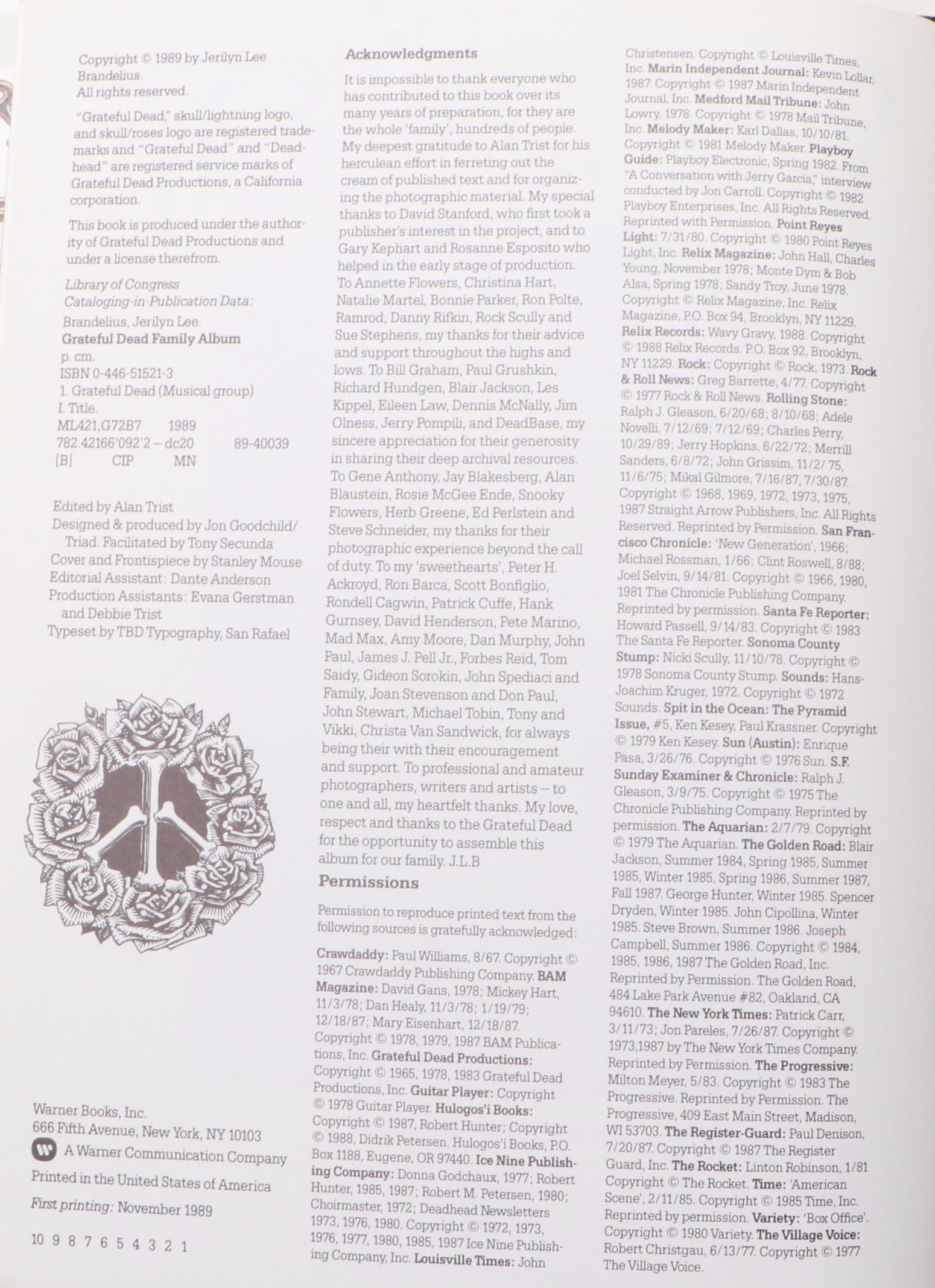 First Printing "Grateful Dead Family Album" by Jerilyn Lee Brandelius, 1989