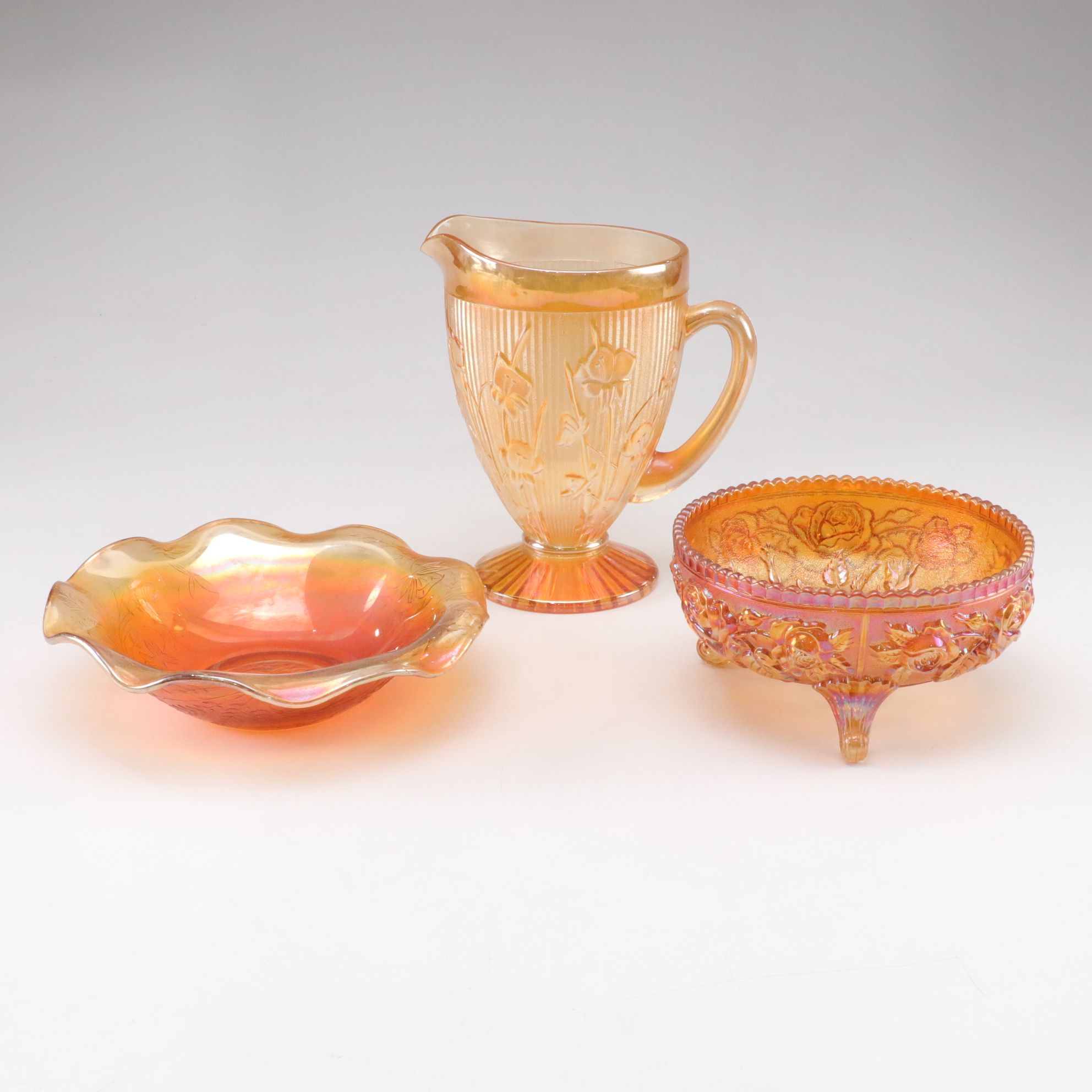 Jeannette "Iris Iridescent" Pitcher & Other Carnival Glass Bowls