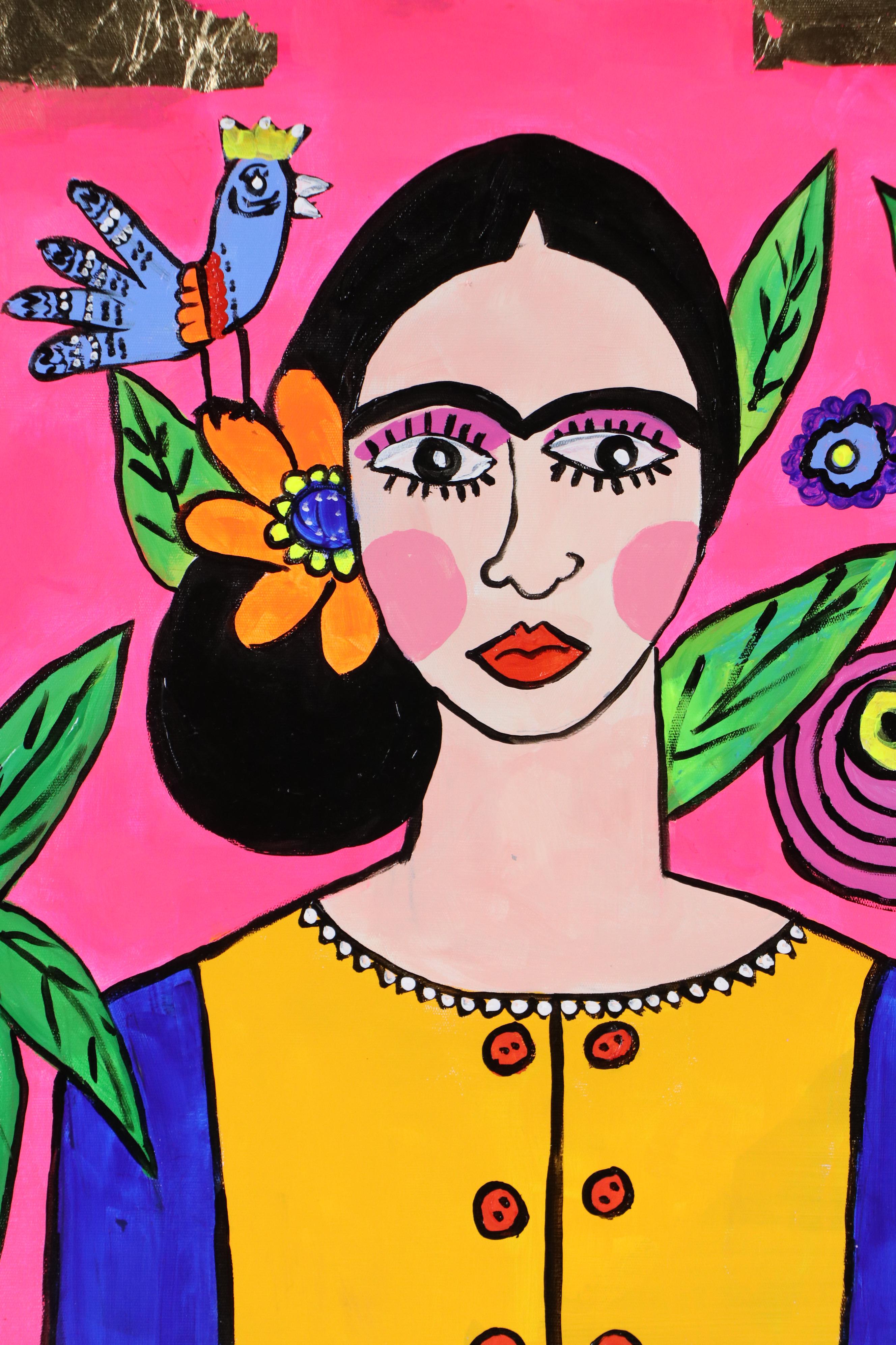 Milagros Pongo Stylized Mixed Media Portrait of Frida Kahlo, 21st Century
