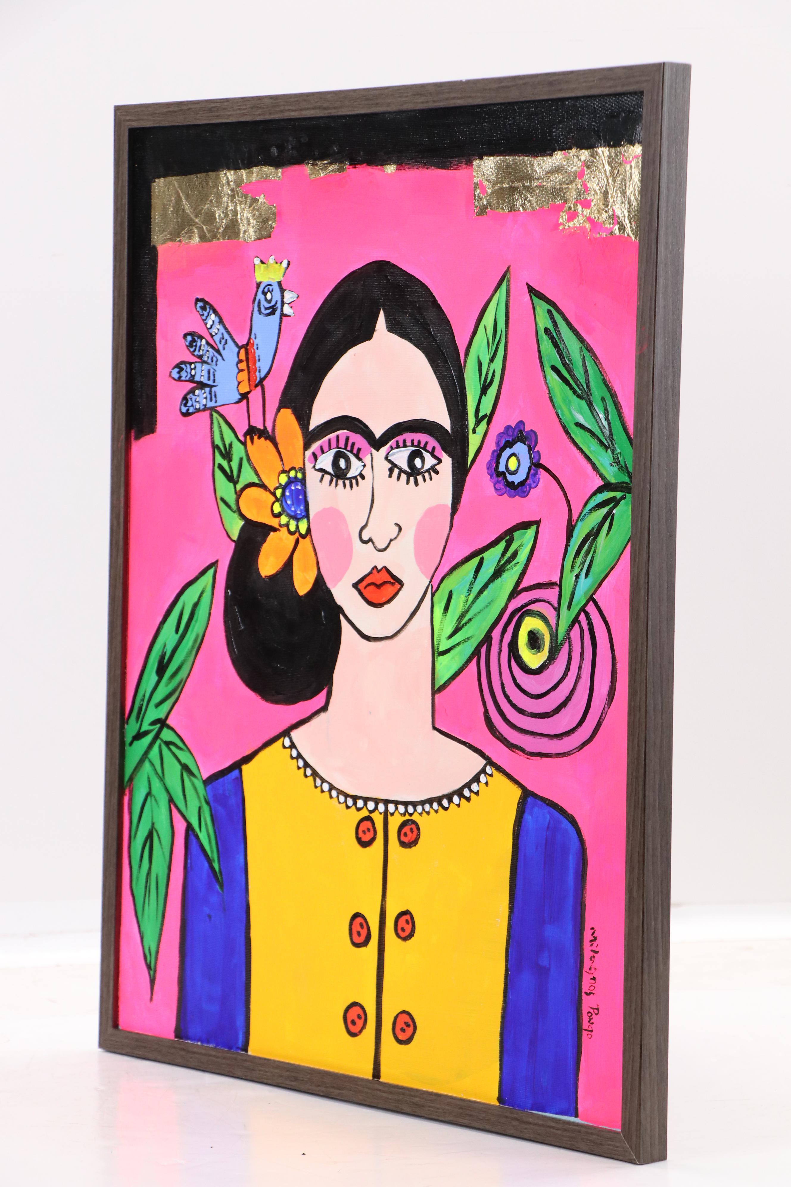 Milagros Pongo Stylized Mixed Media Portrait of Frida Kahlo, 21st Century