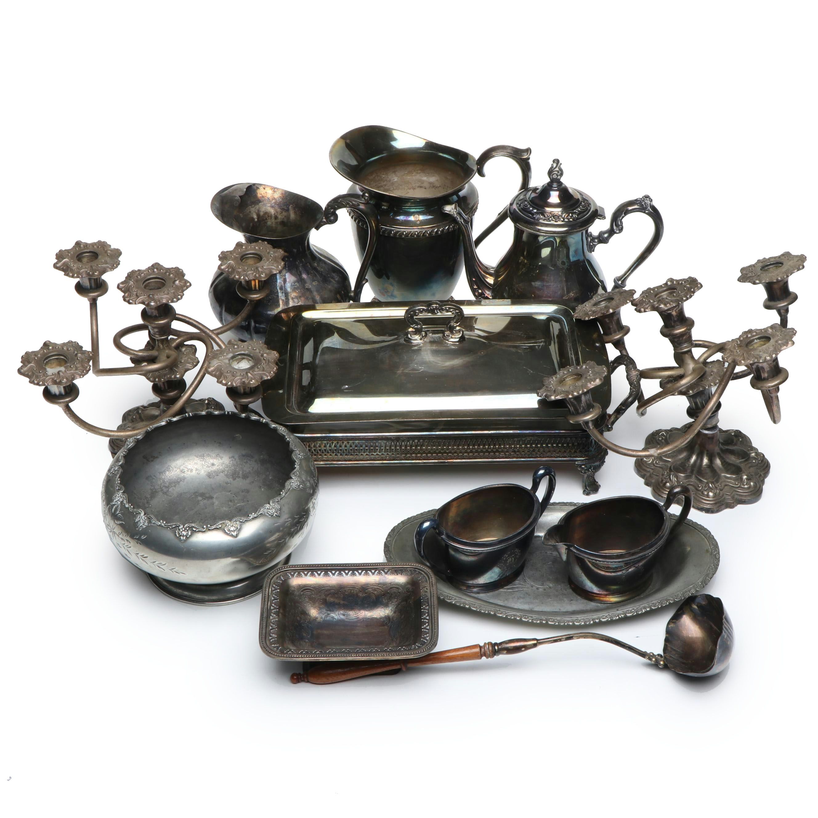 Pilgrim Silver Plate Chafing Dish with Other Silver Plate Serving Pieces