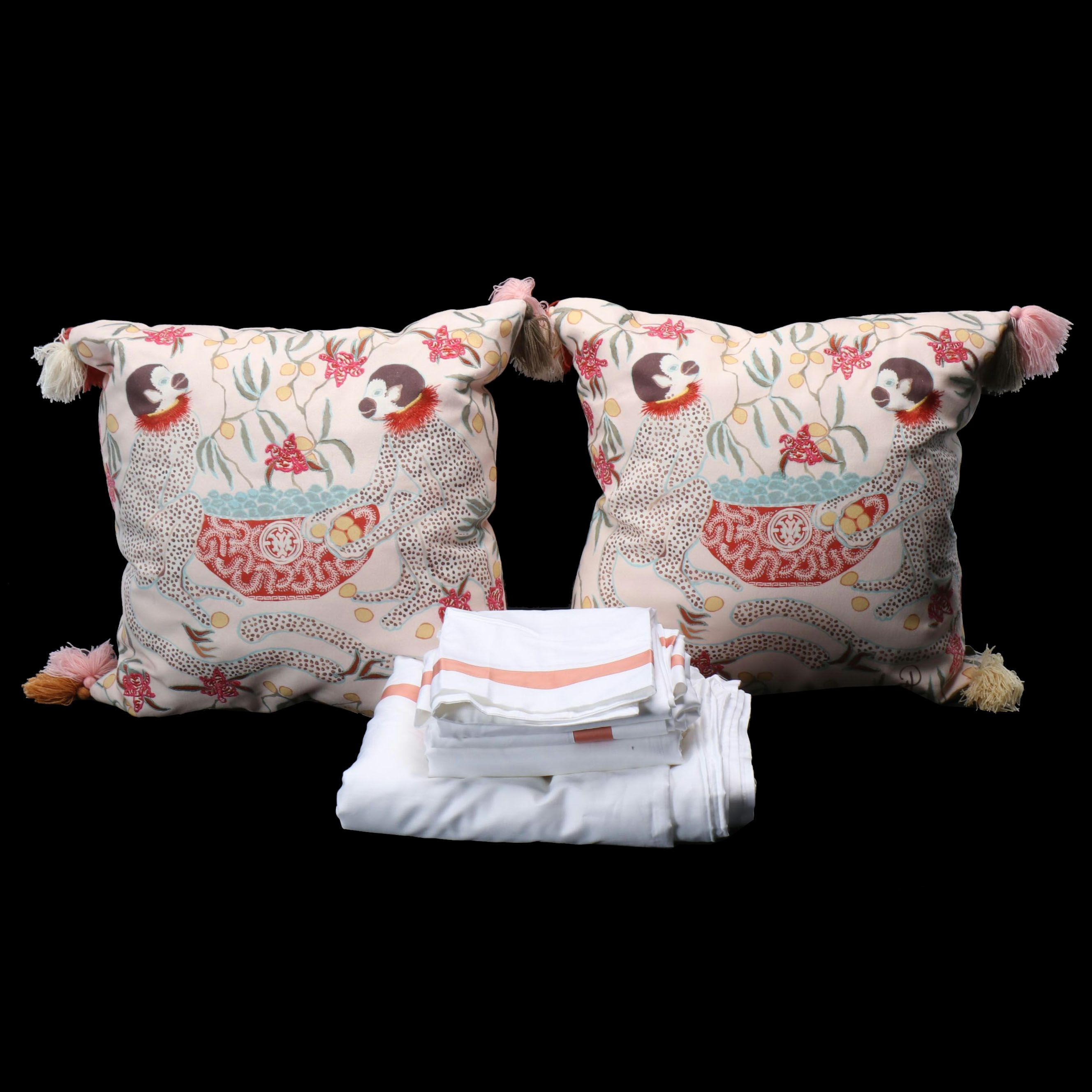 Spartina Cotton Throw Pillows with Coral Stripe Bedsheets