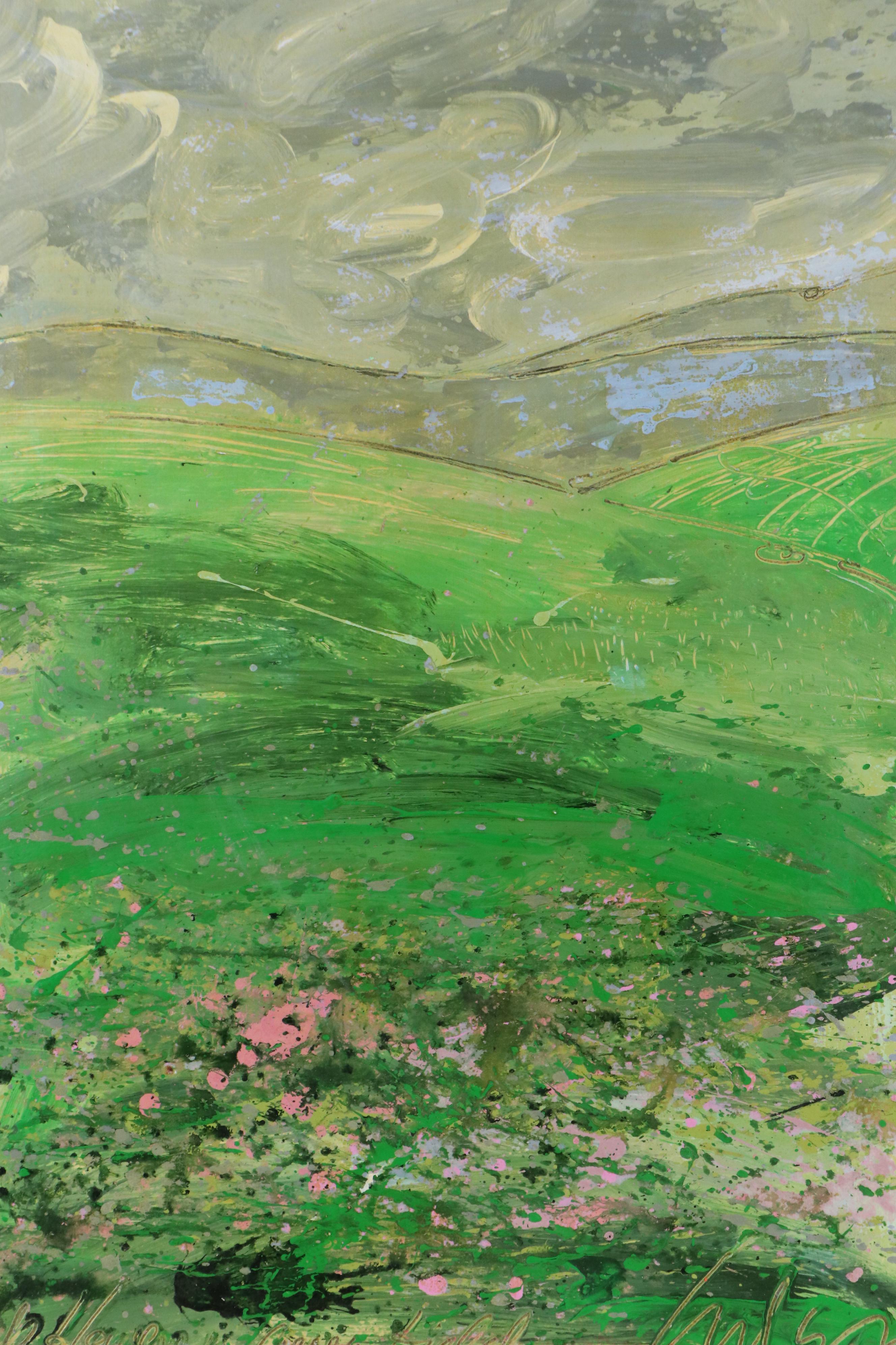 Harry Hilson Acrylic Painting "Pink Flowers in Green Field," Late 20th Century