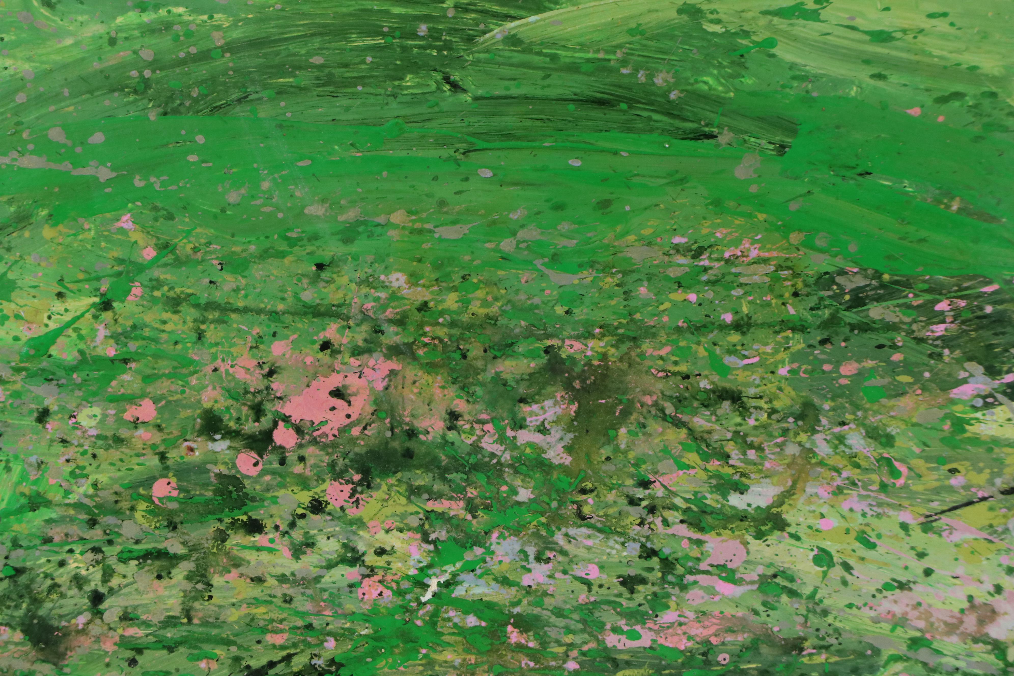 Harry Hilson Acrylic Painting "Pink Flowers in Green Field," Late 20th Century