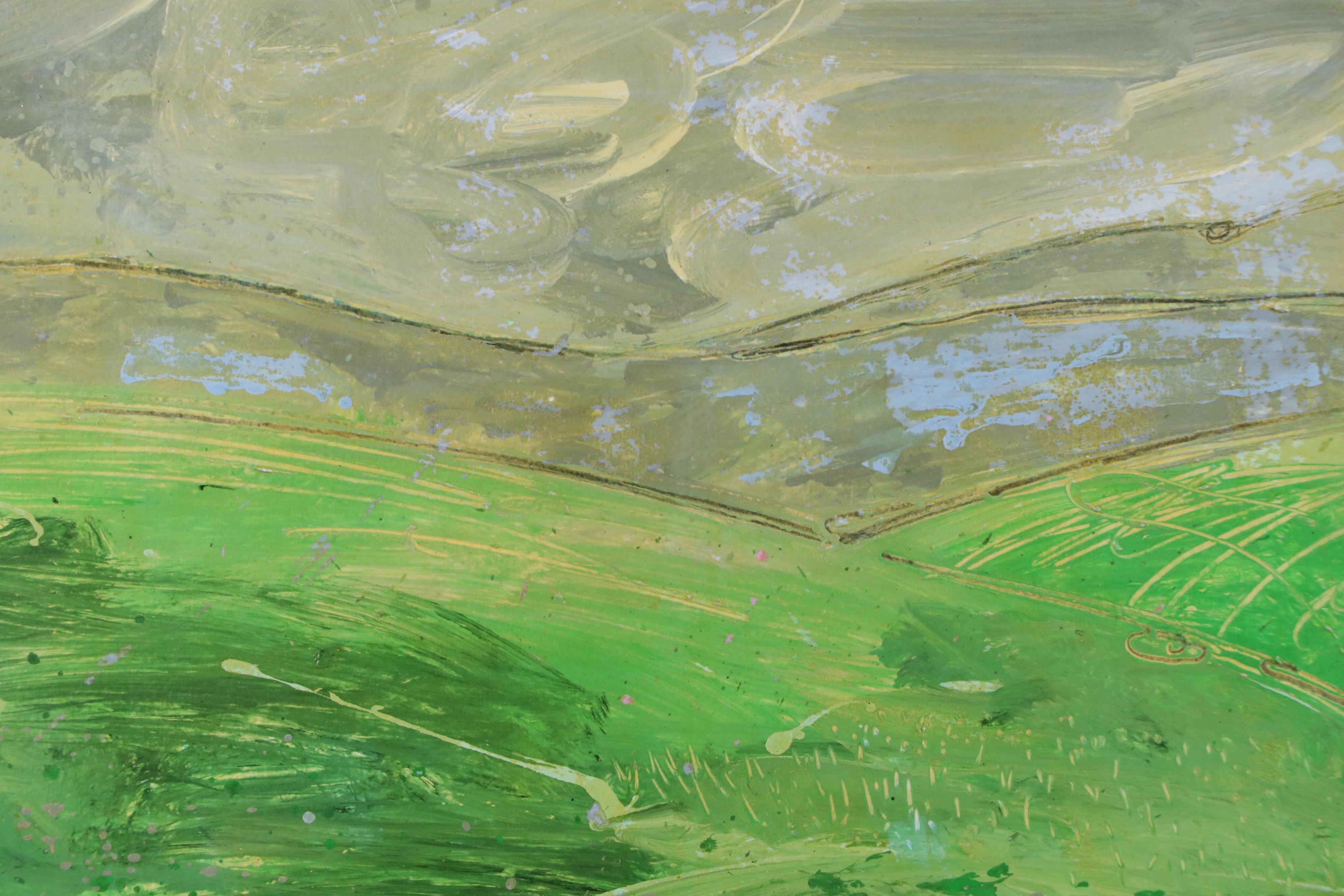 Harry Hilson Acrylic Painting "Pink Flowers in Green Field," Late 20th Century