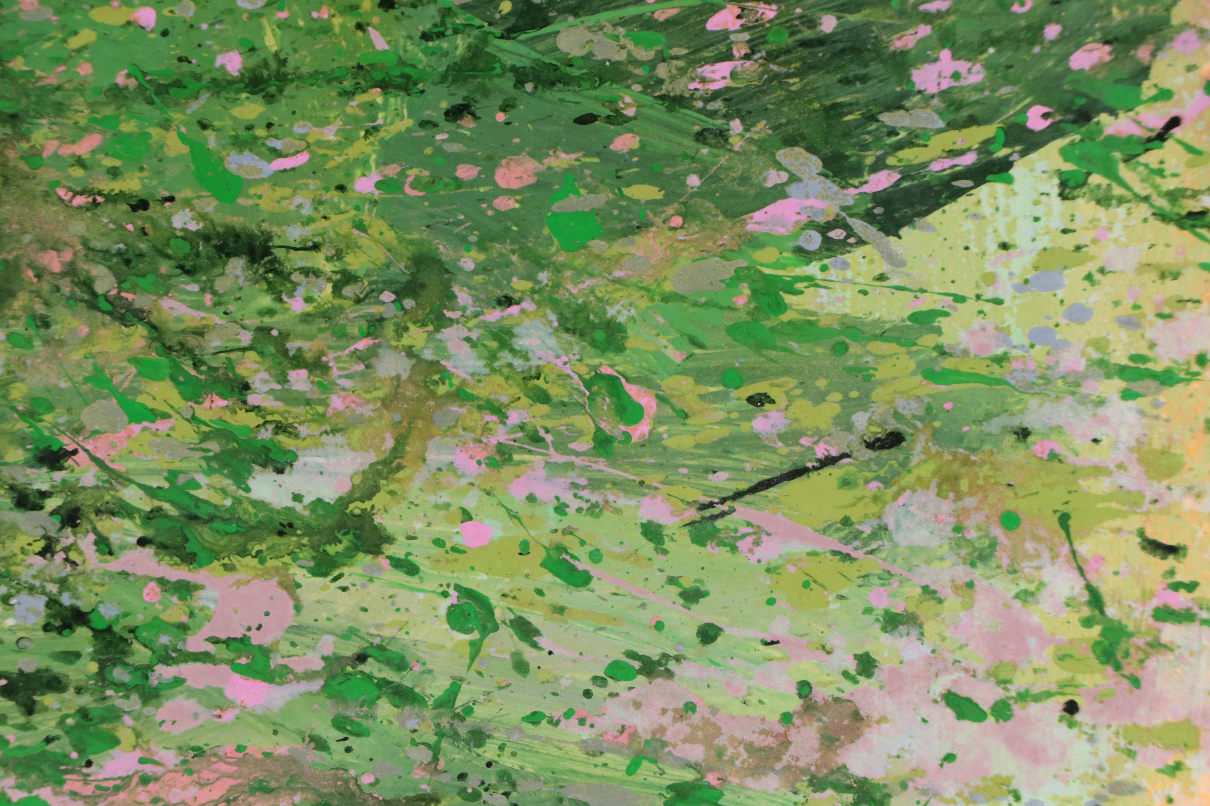 Harry Hilson Acrylic Painting "Pink Flowers in Green Field," Late 20th Century