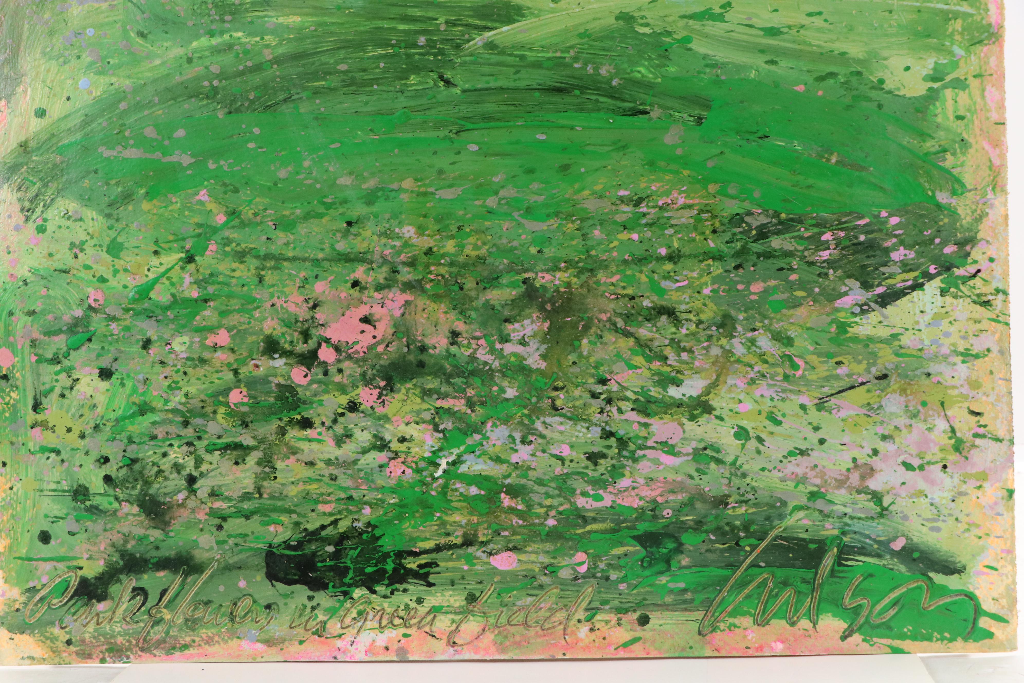 Harry Hilson Acrylic Painting "Pink Flowers in Green Field," Late 20th Century