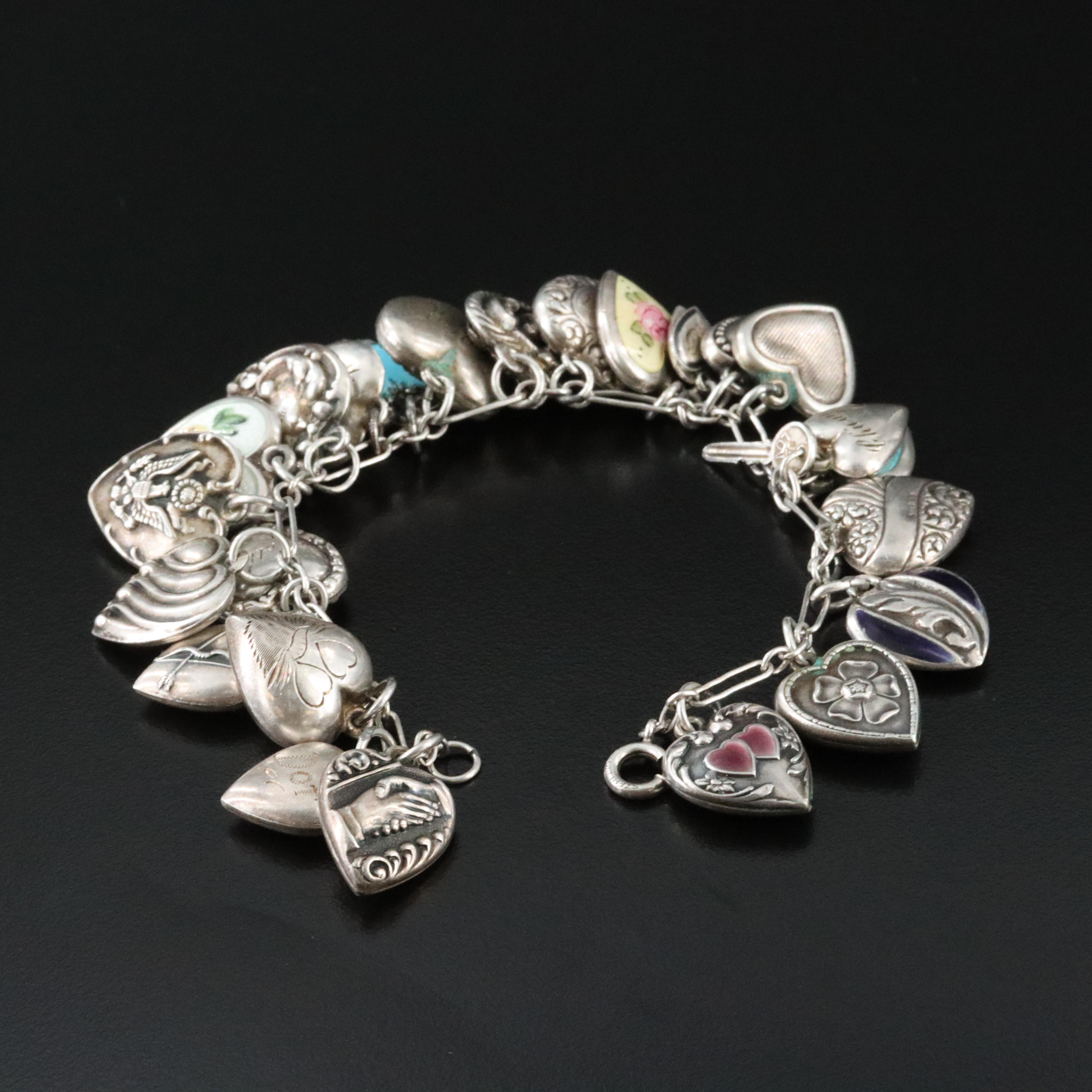 Antique and Vintage Sterling Heart Charm Bracelet Including Walter Lampl Charm