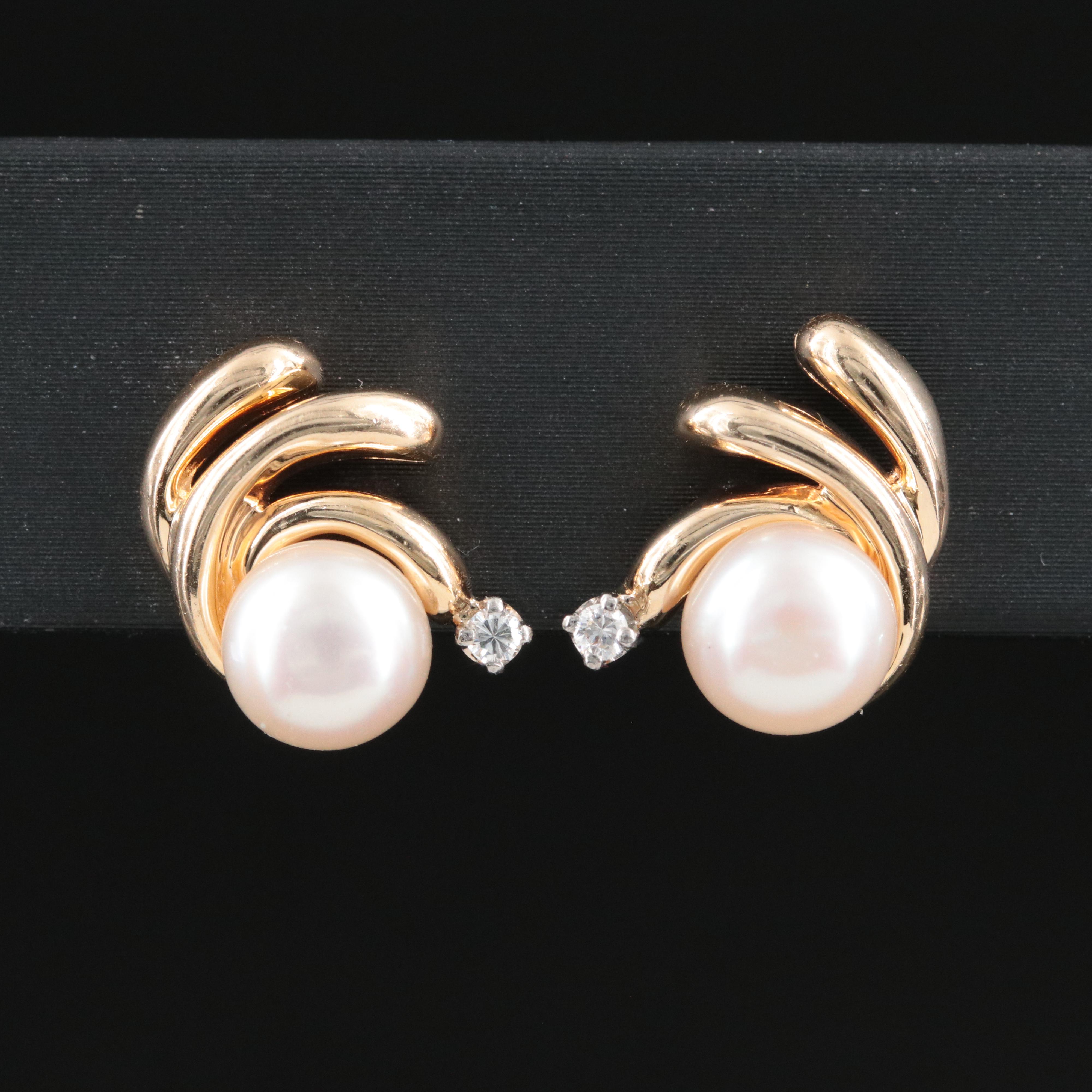 14K Pearl and Diamond Drop Earrings