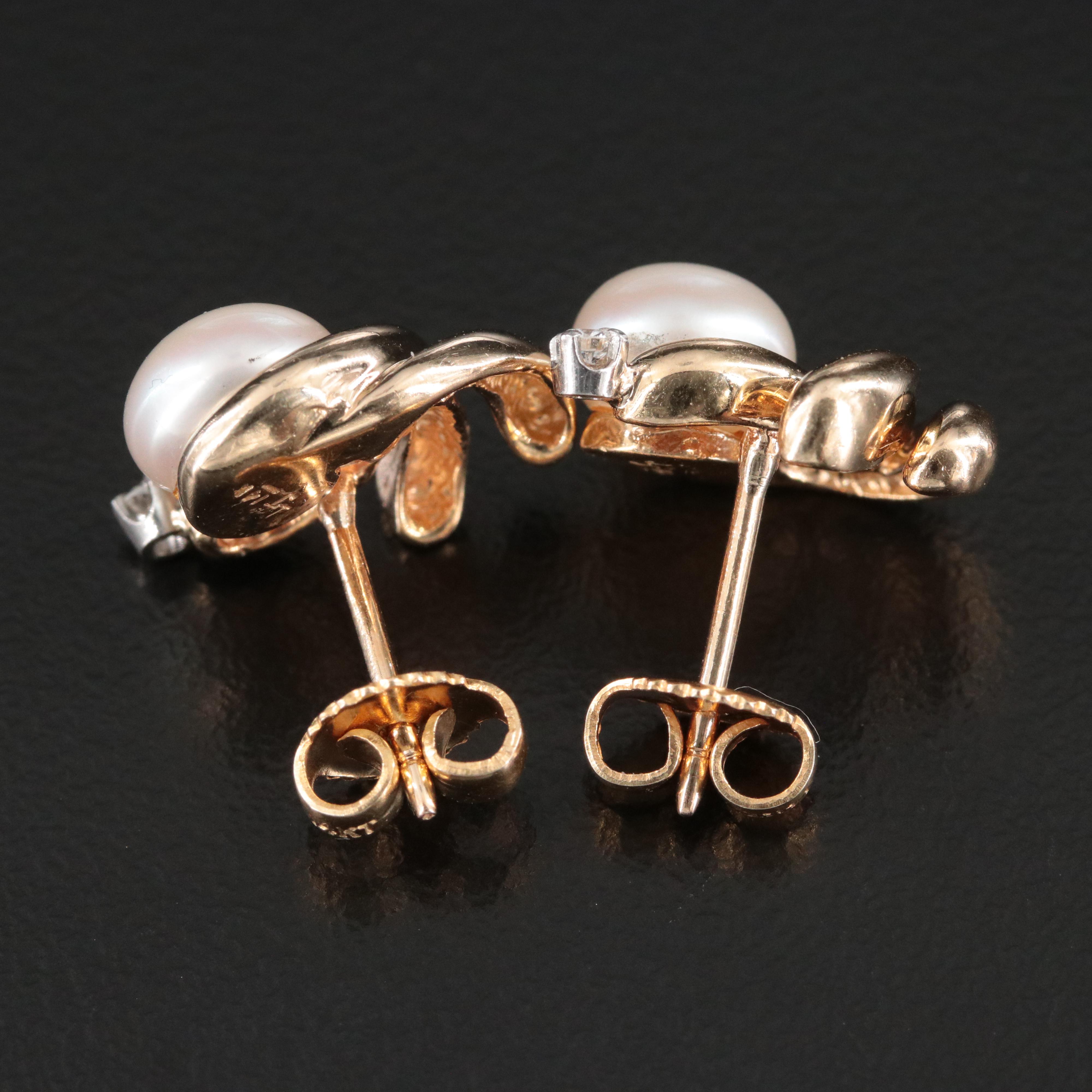 14K Pearl and Diamond Drop Earrings