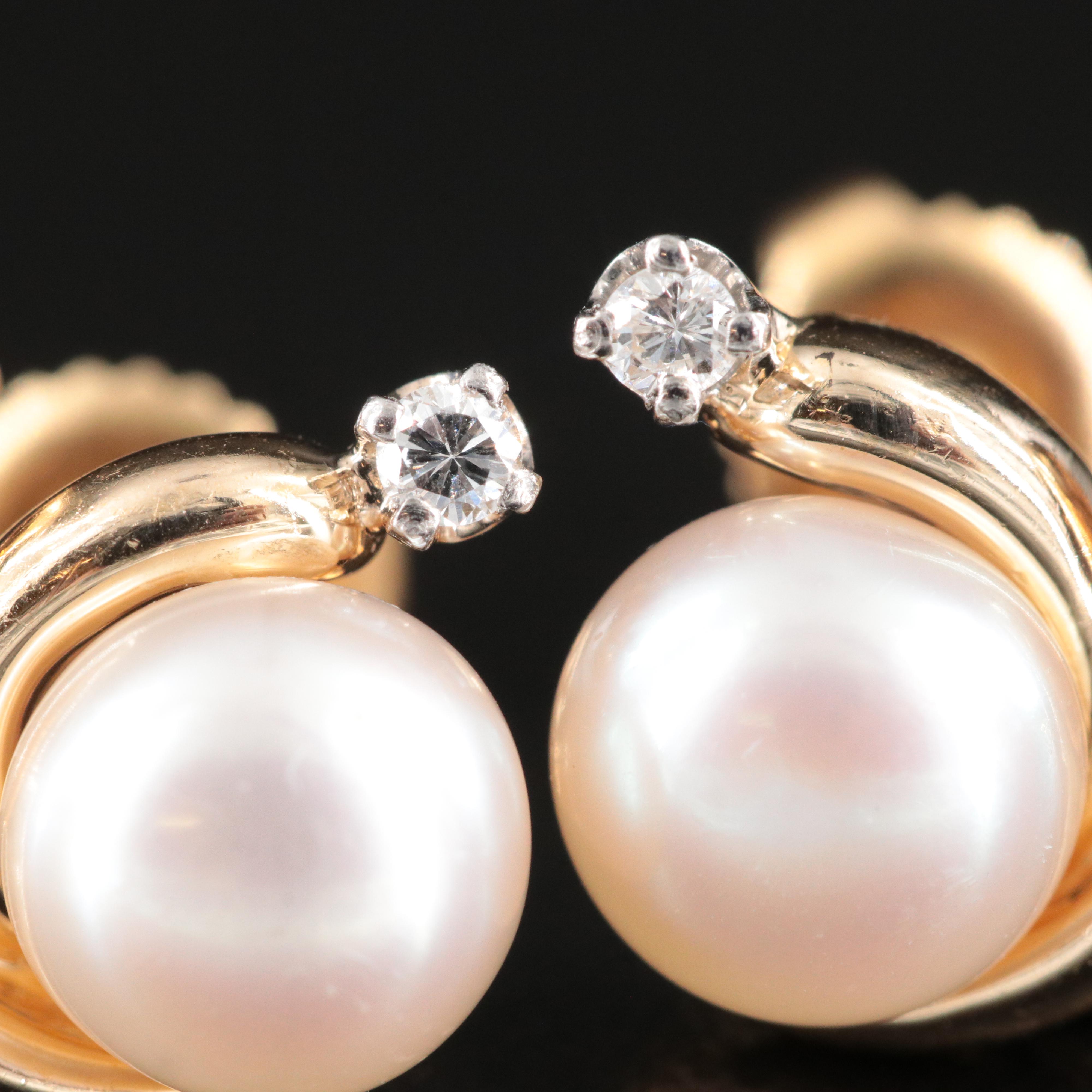 14K Pearl and Diamond Drop Earrings
