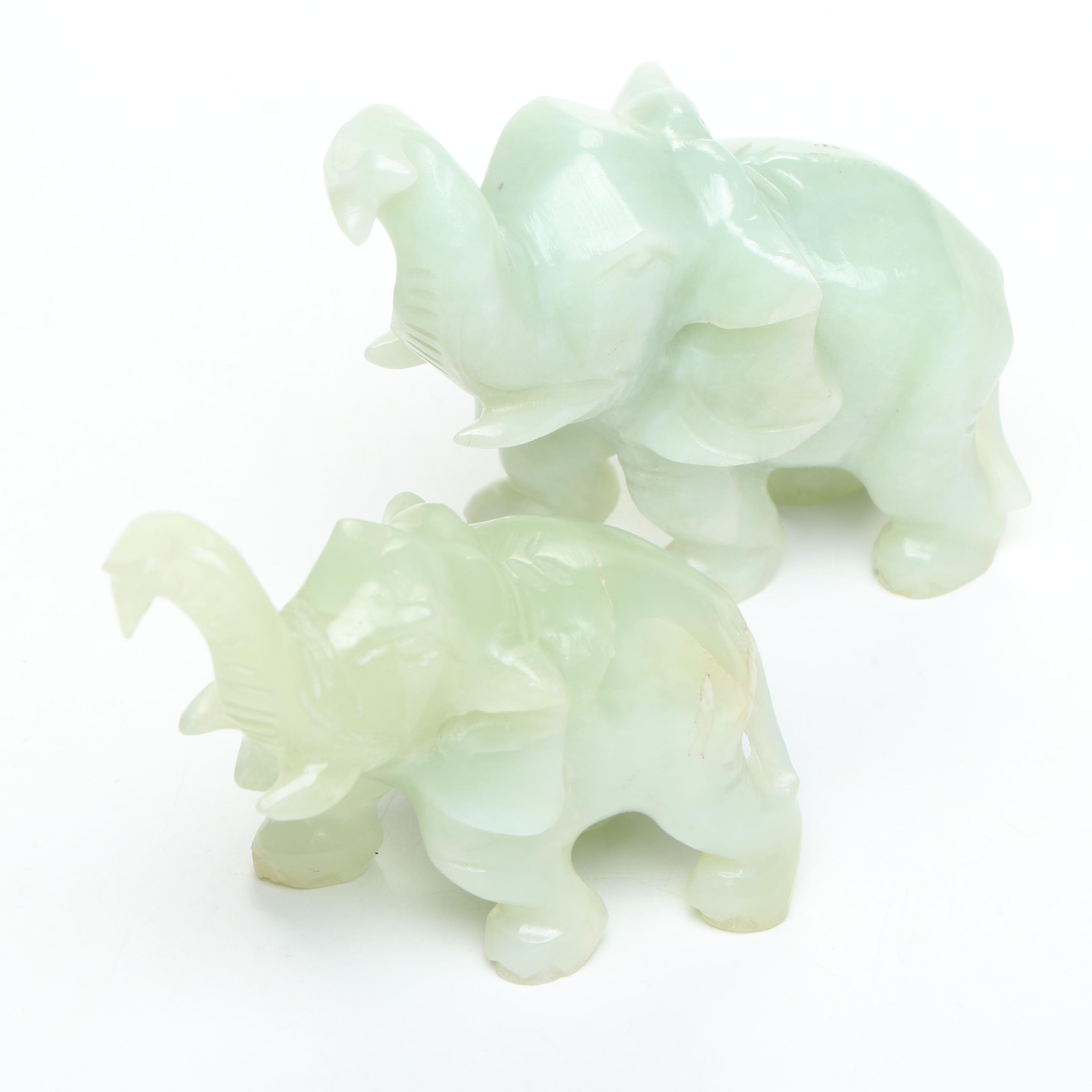 Chinese Carved Serpentine Elephant Figurines