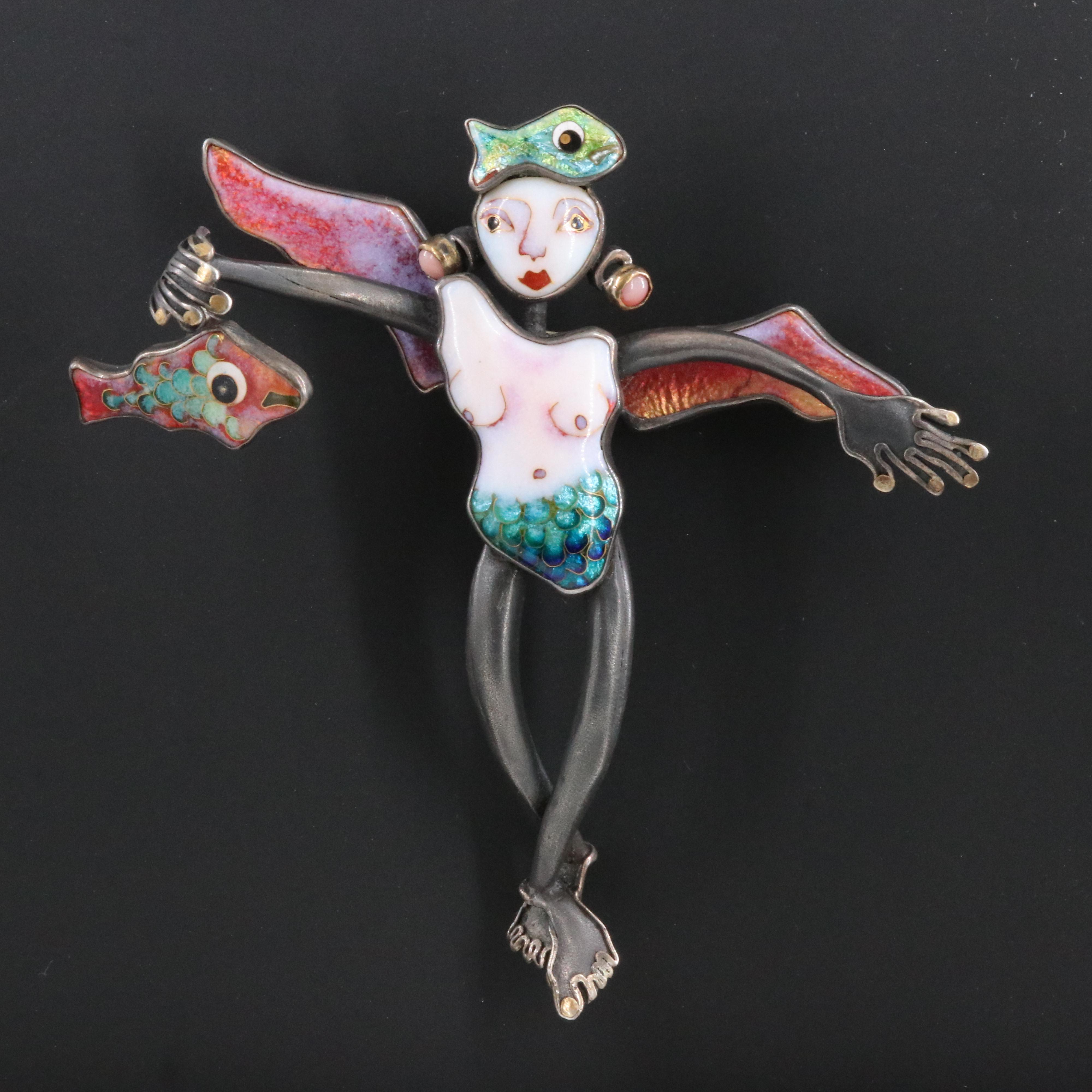 Kristin Holeman Cloisonne and Coral Mermaid Brooch with 24K Accents