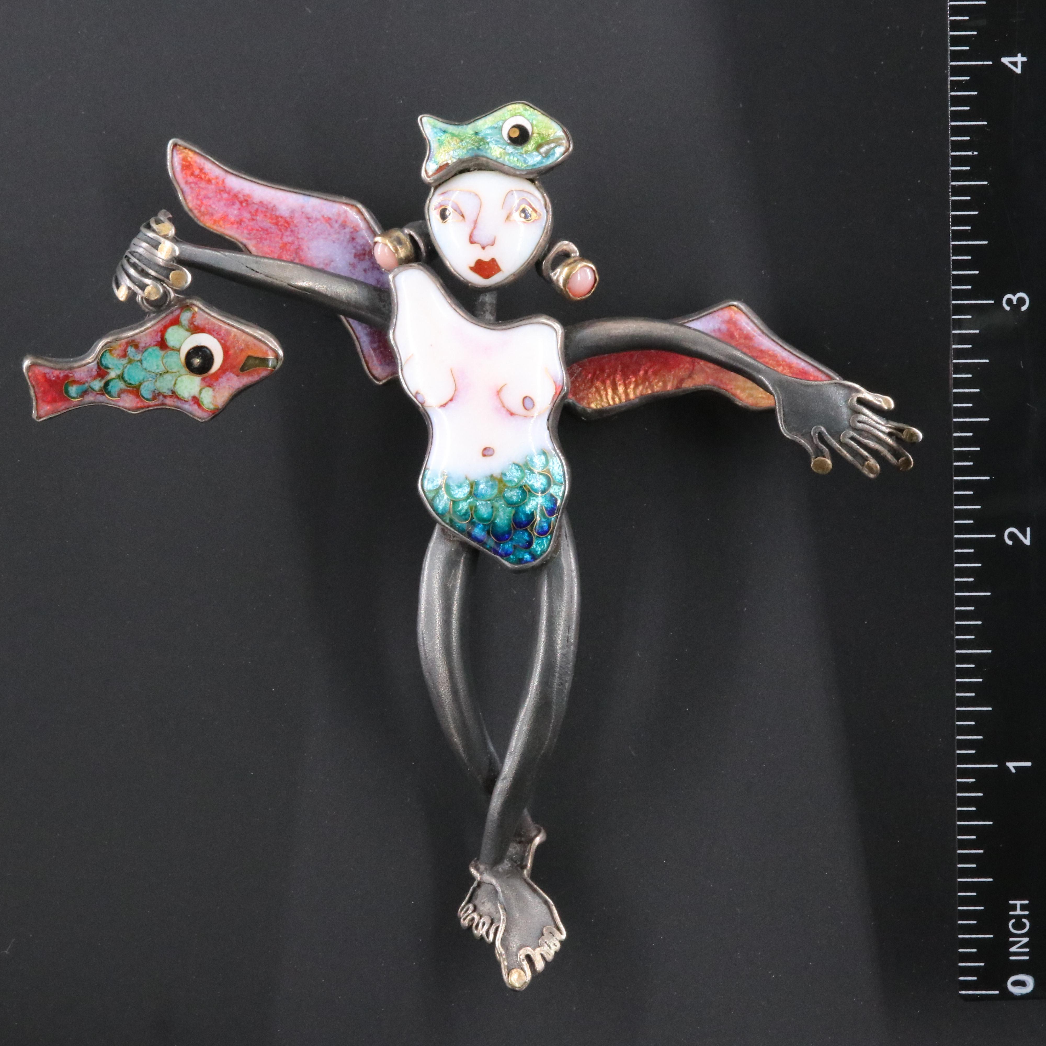 Kristin Holeman Cloisonne and Coral Mermaid Brooch with 24K Accents