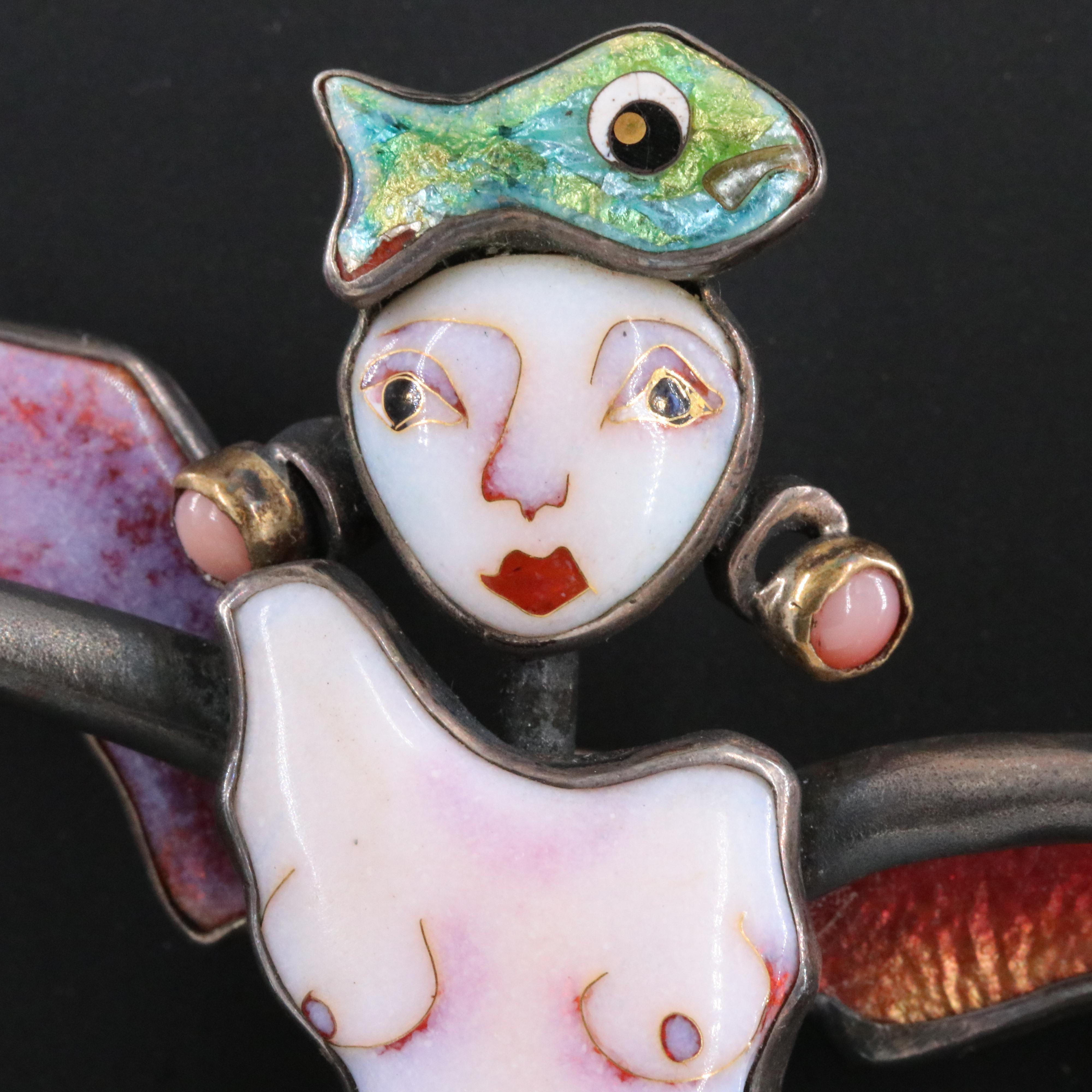 Kristin Holeman Cloisonne and Coral Mermaid Brooch with 24K Accents