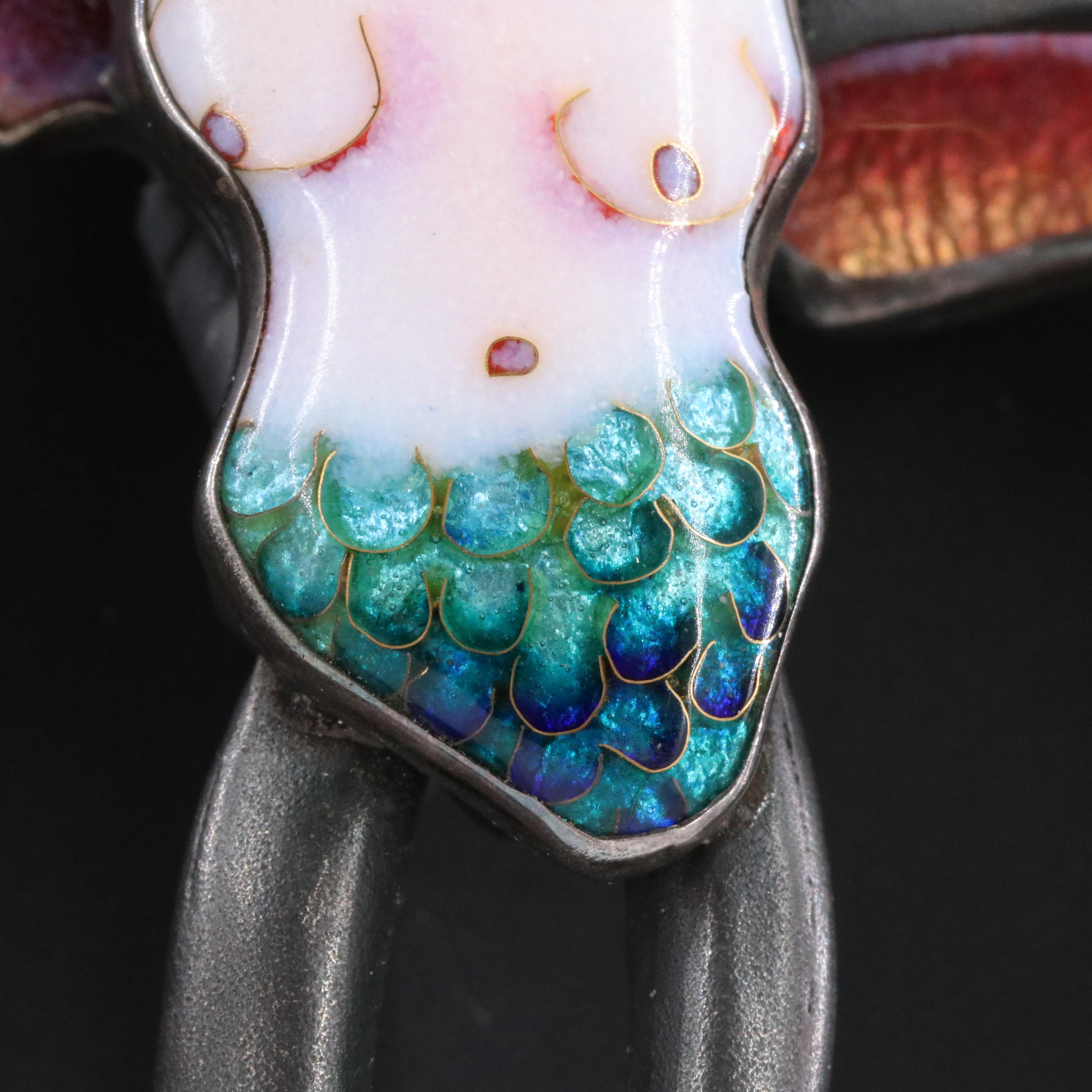 Kristin Holeman Cloisonne and Coral Mermaid Brooch with 24K Accents