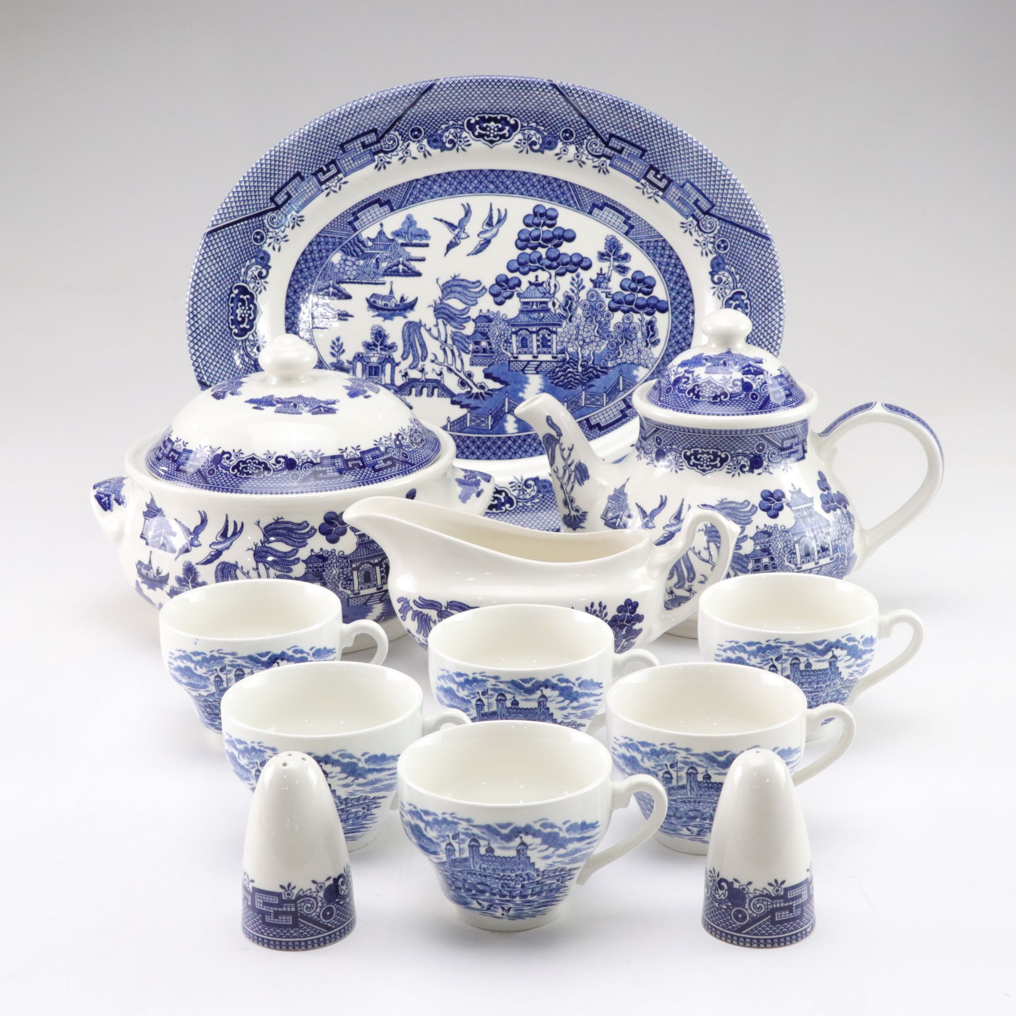 Churchill "Willow Blue" Teapot, Gravy Boat & Other Tableware