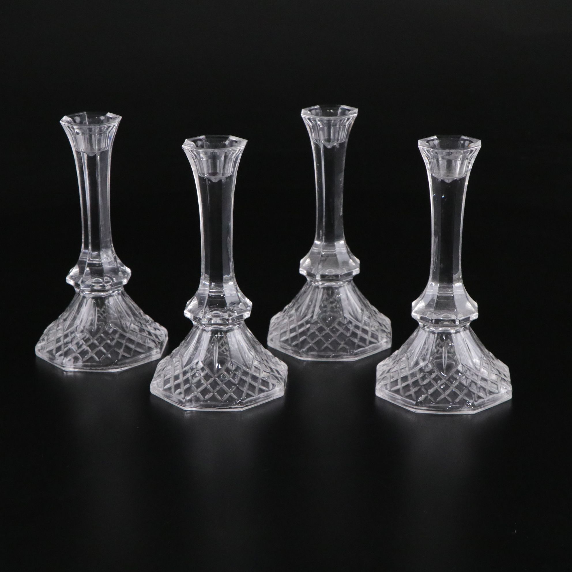 Regency Style Cut Crystal Diamond Quilt Candlesticks