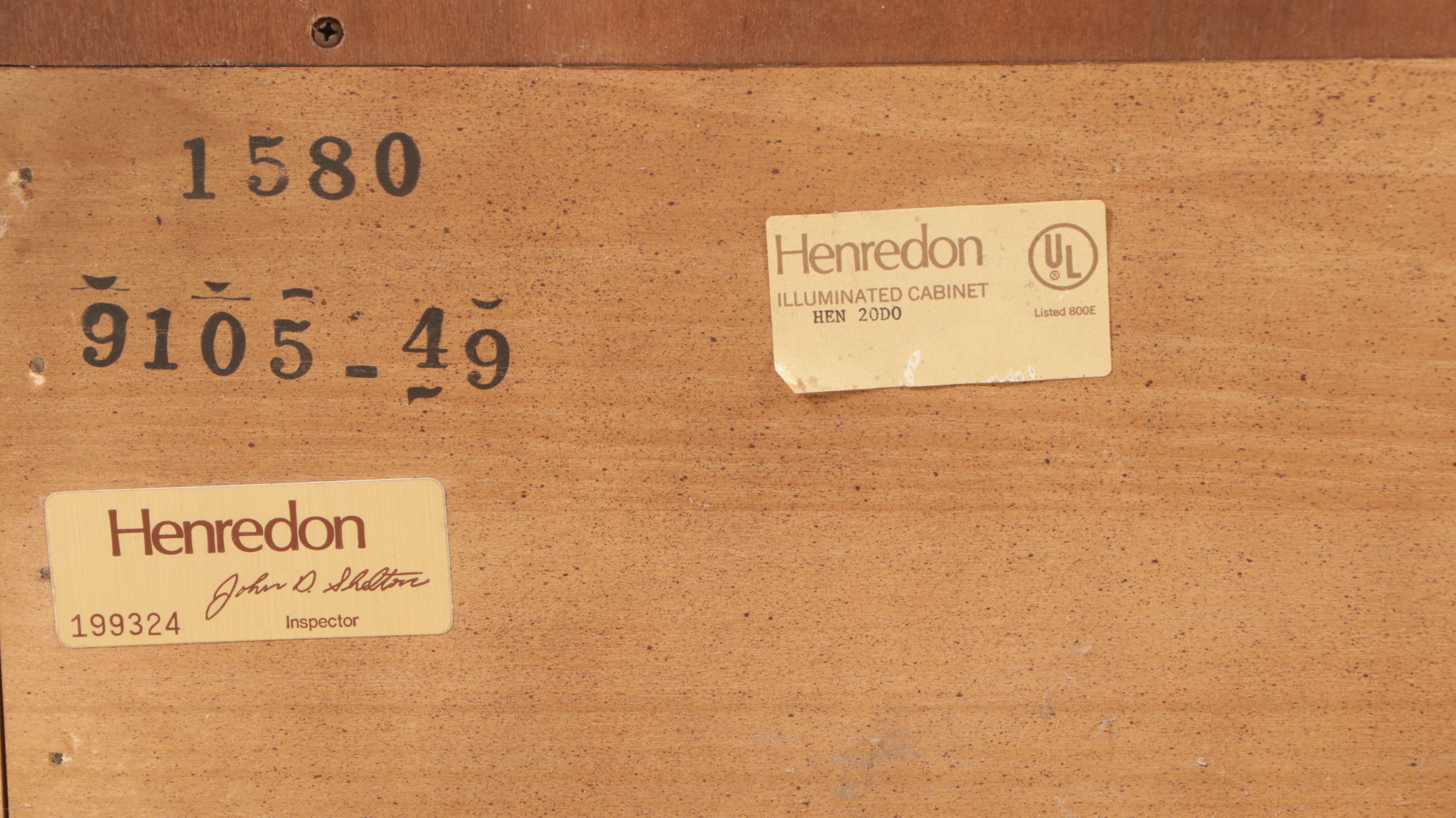 Henredon Campaign Style Oak Finish and Brass Illuminated China Cabinet