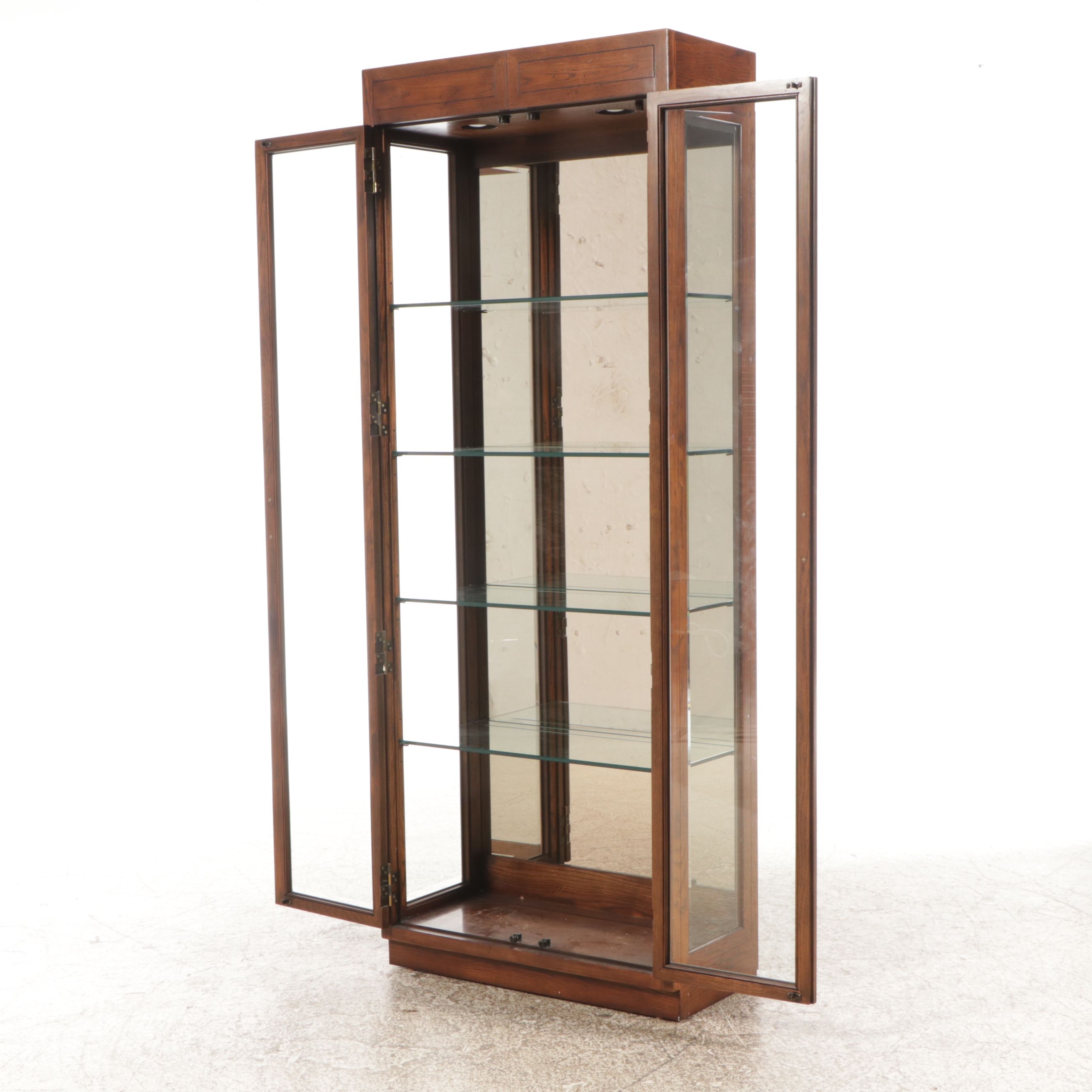 Henredon Campaign Style Oak Finish and Brass Illuminated China Cabinet