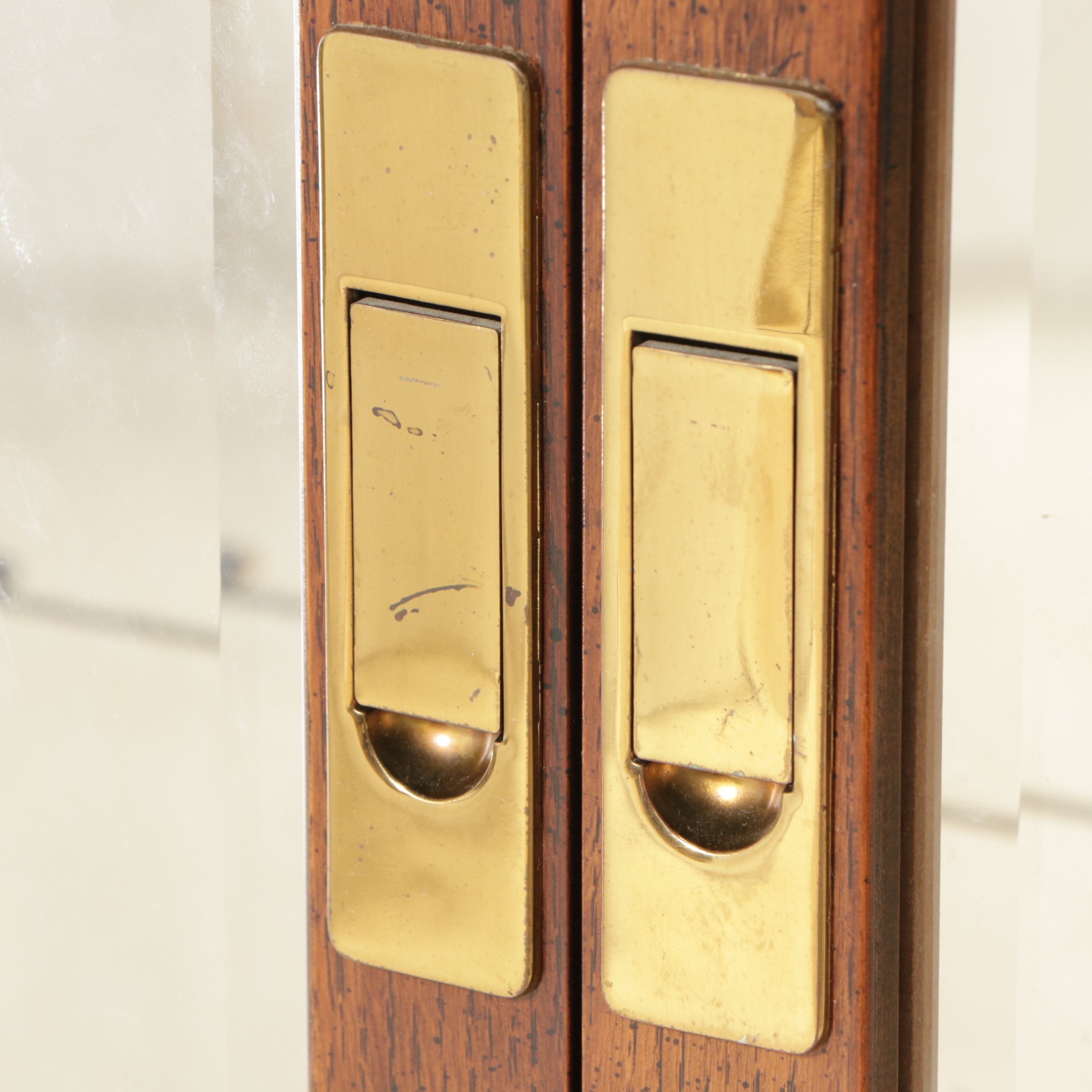 Henredon Campaign Style Oak Finish and Brass Illuminated China Cabinet
