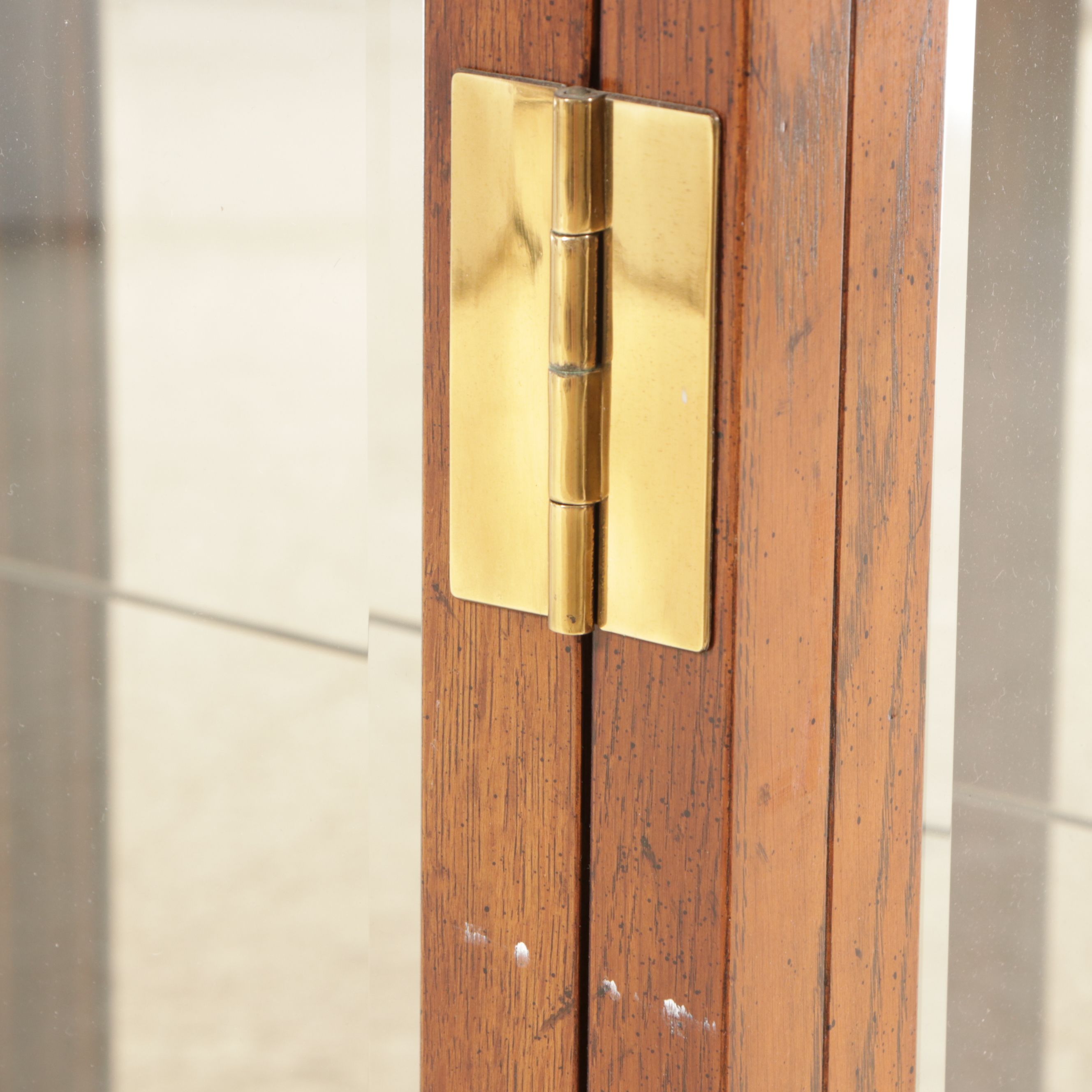 Henredon Campaign Style Oak Finish and Brass Illuminated China Cabinet