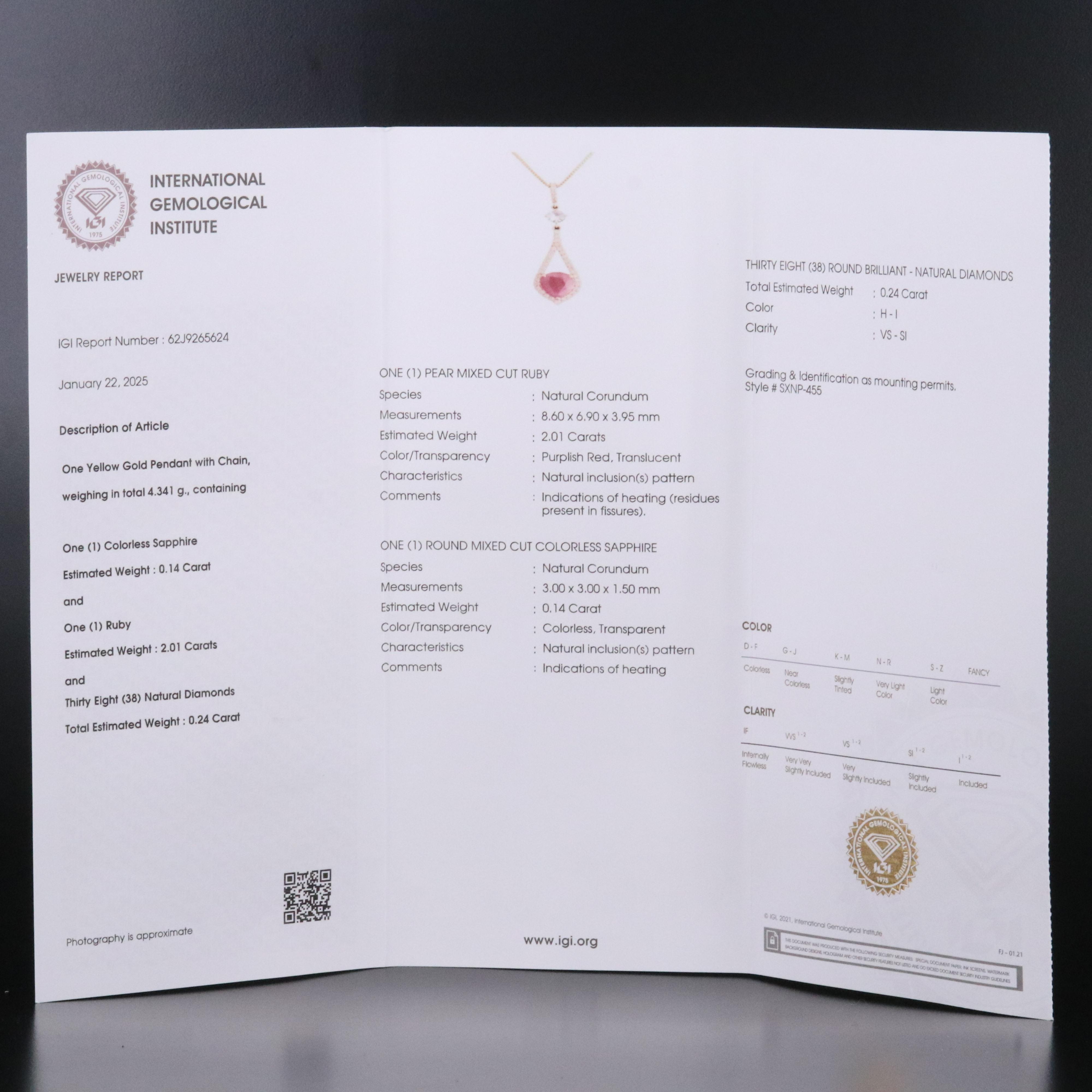 14K 2.01 CT Ruby, White Sapphire and Diamond Pendant Necklace with IGI Report