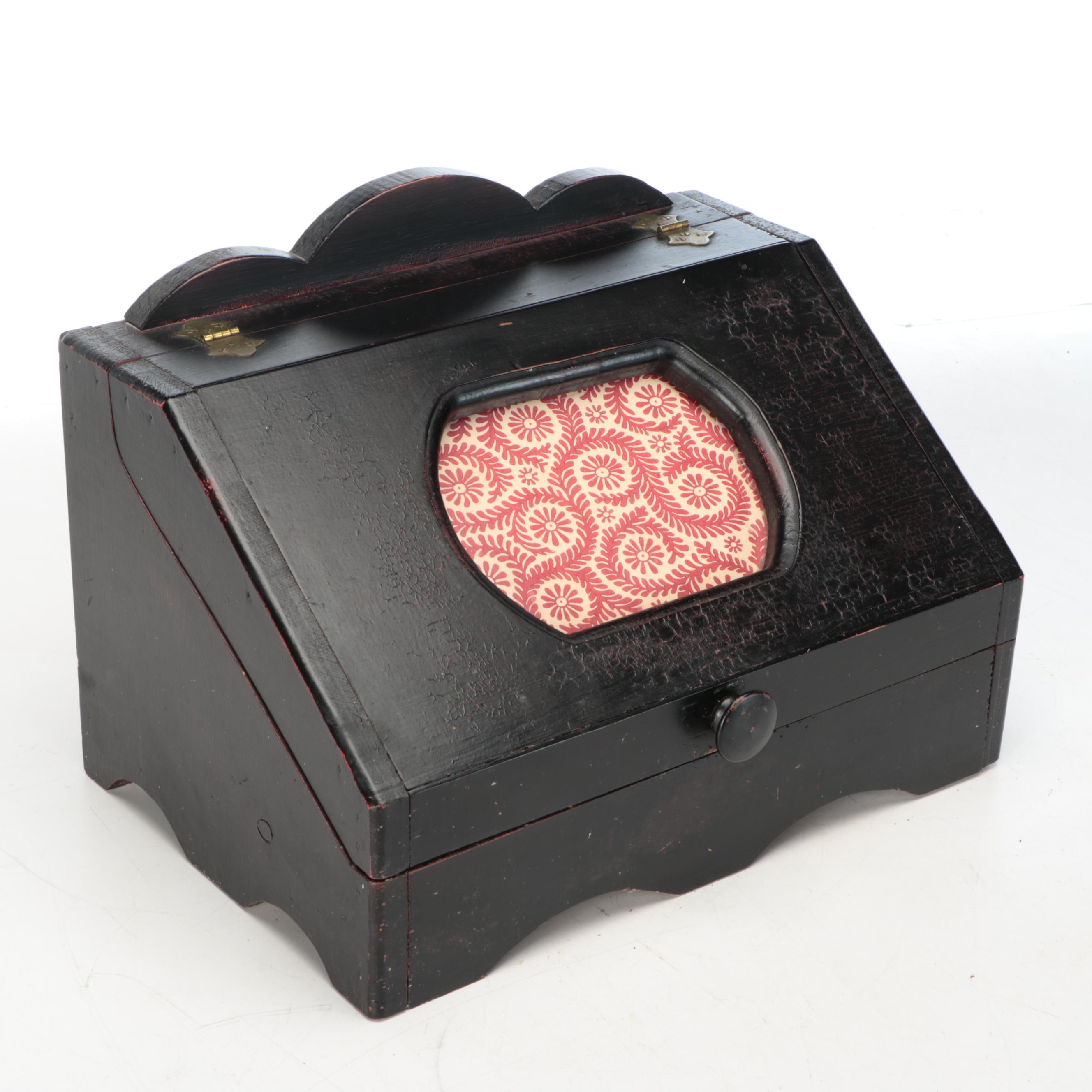 Black Lacquered Wood Bread Box with Wrought Iron Wall Candle Sconce