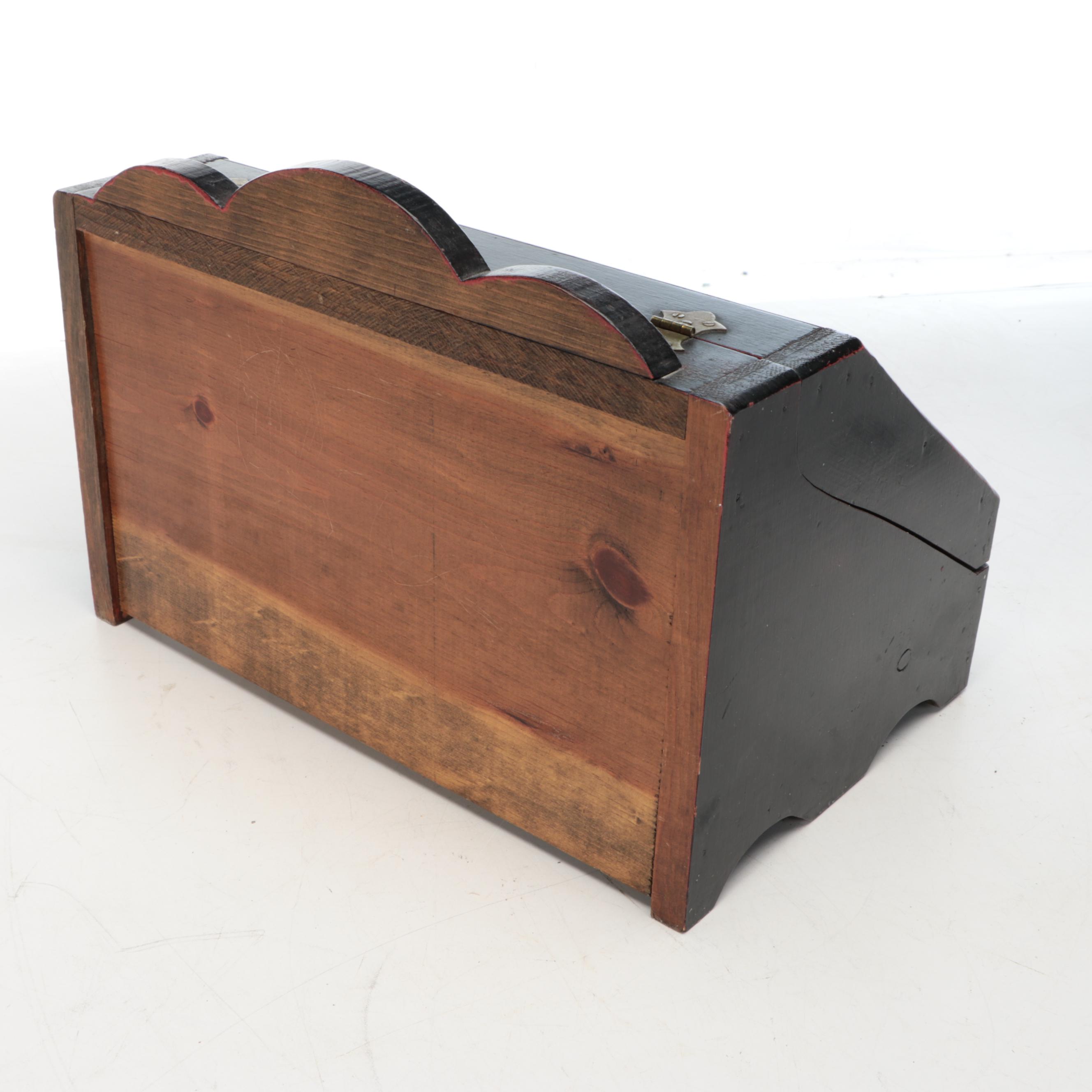 Black Lacquered Wood Bread Box with Wrought Iron Wall Candle Sconce