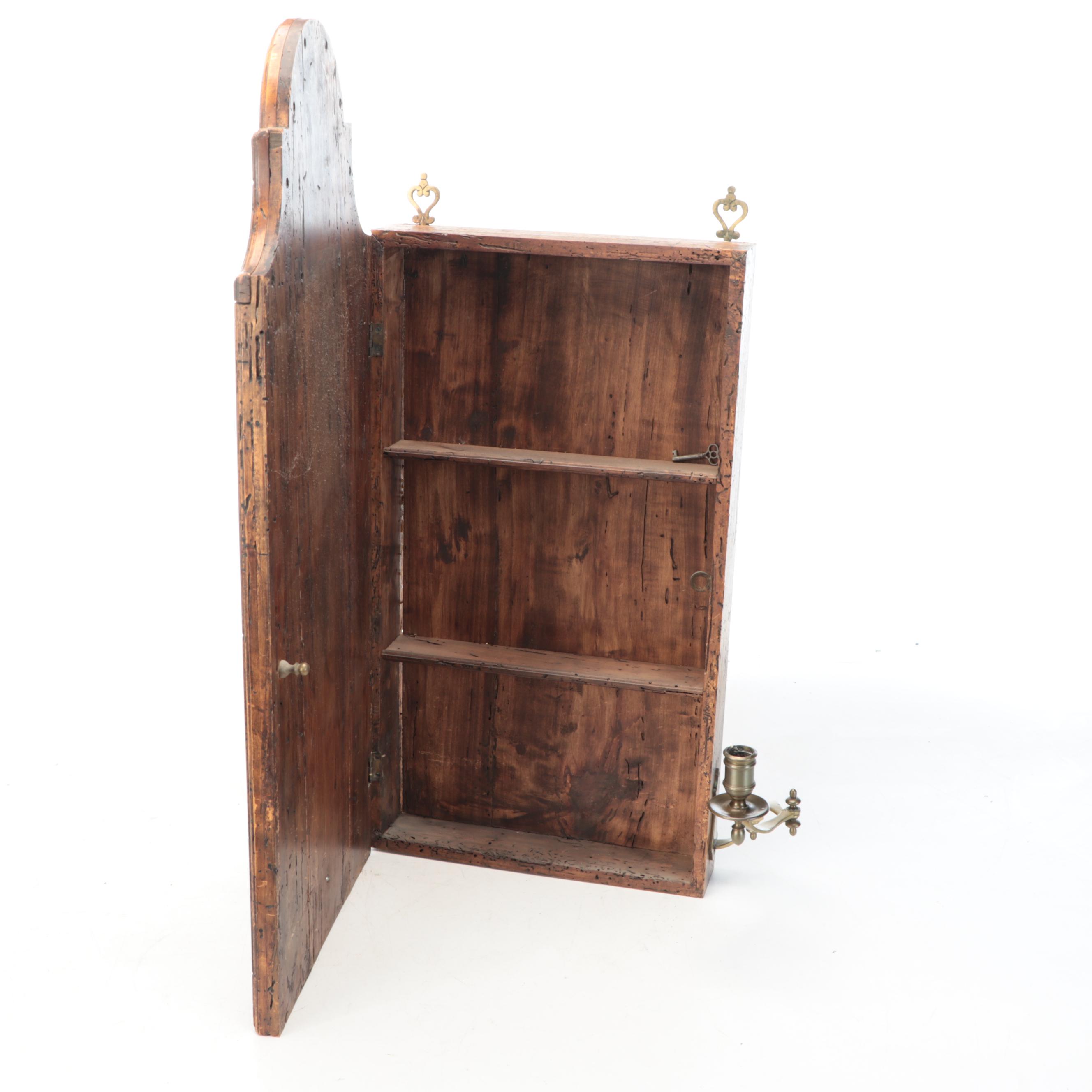 Colonial Style Mirrored Wall Wood Cabinet with Brass Candlesticks