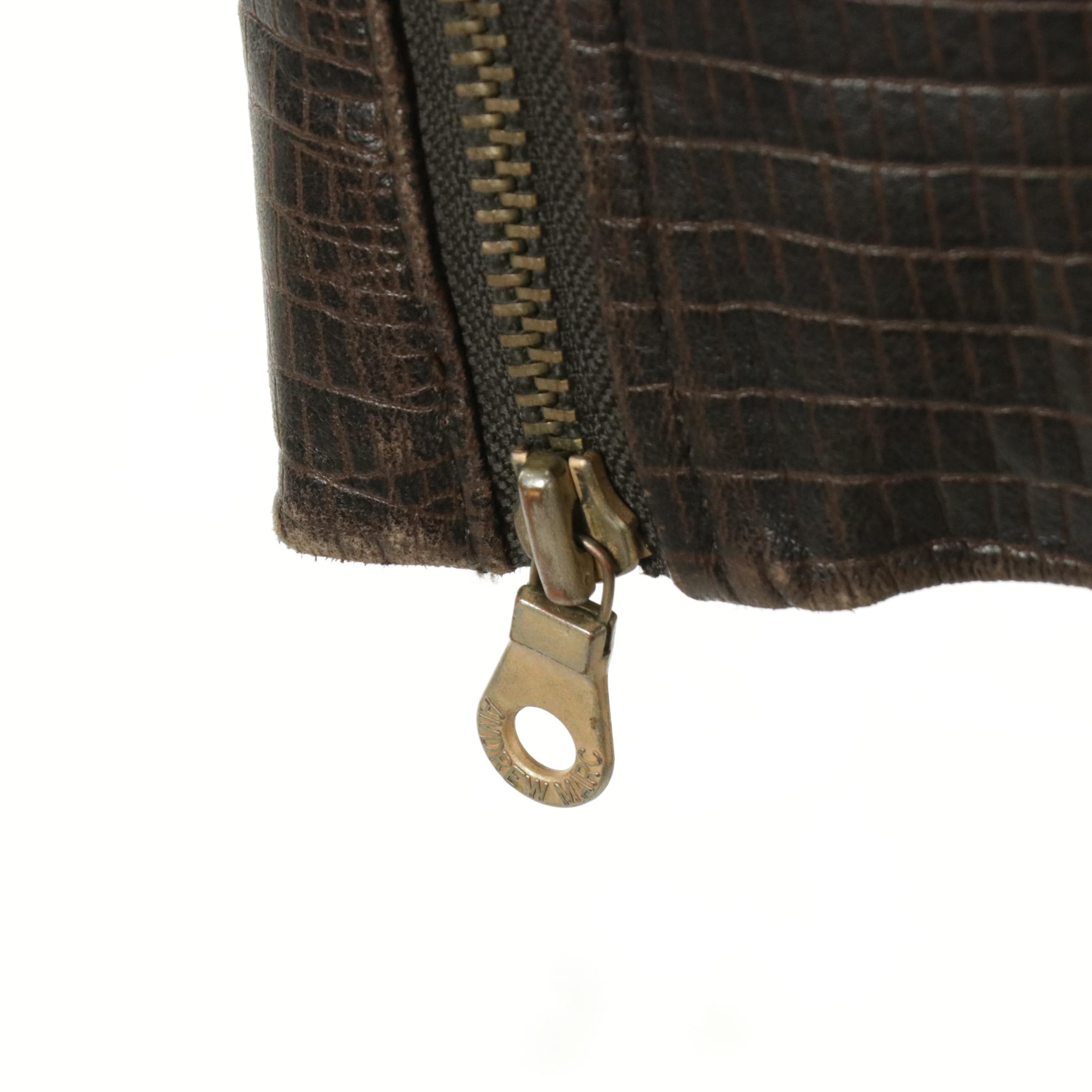 Andrew Marc Belted Embossed Leather Jacket with Faux Fur Collar