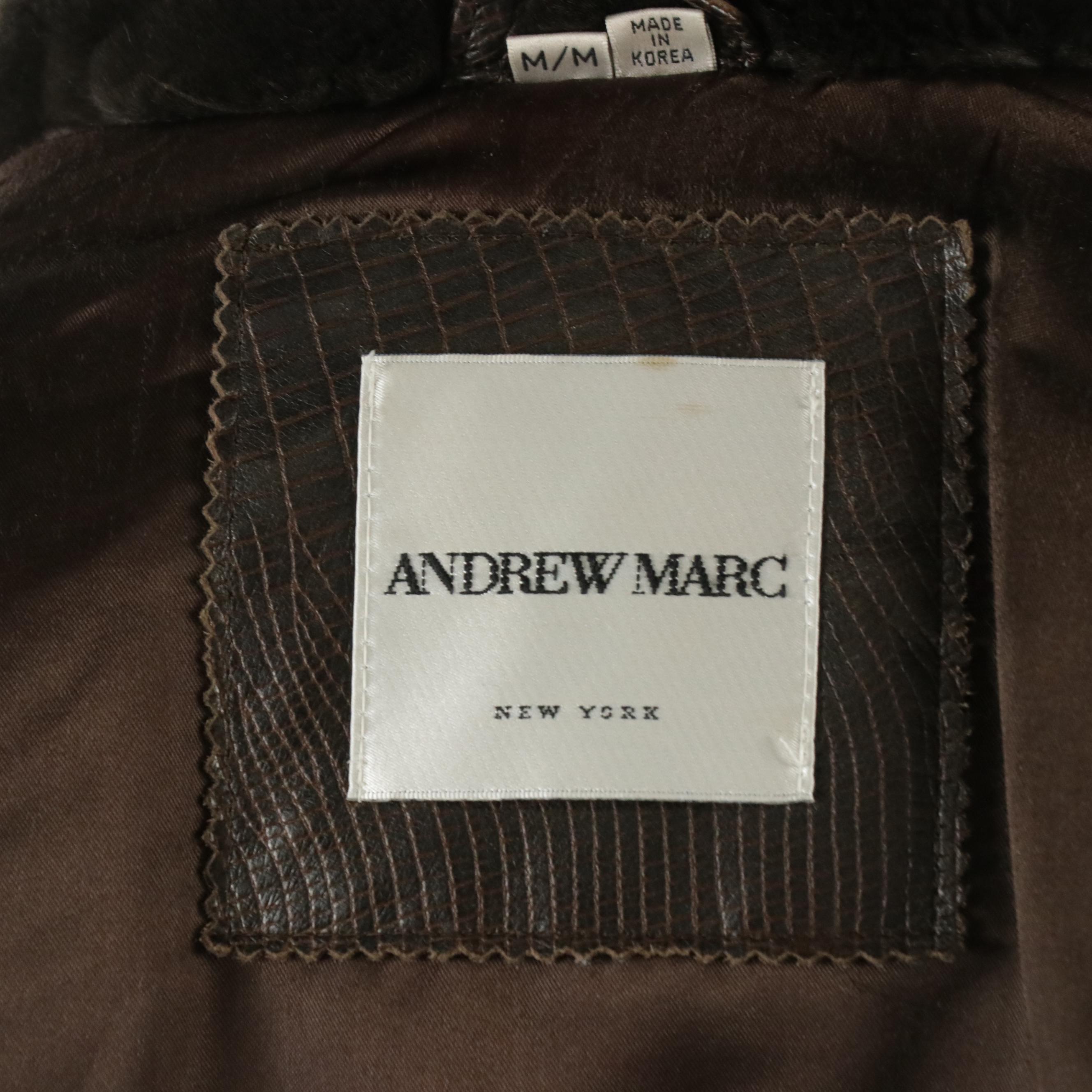 Andrew Marc Belted Embossed Leather Jacket with Faux Fur Collar