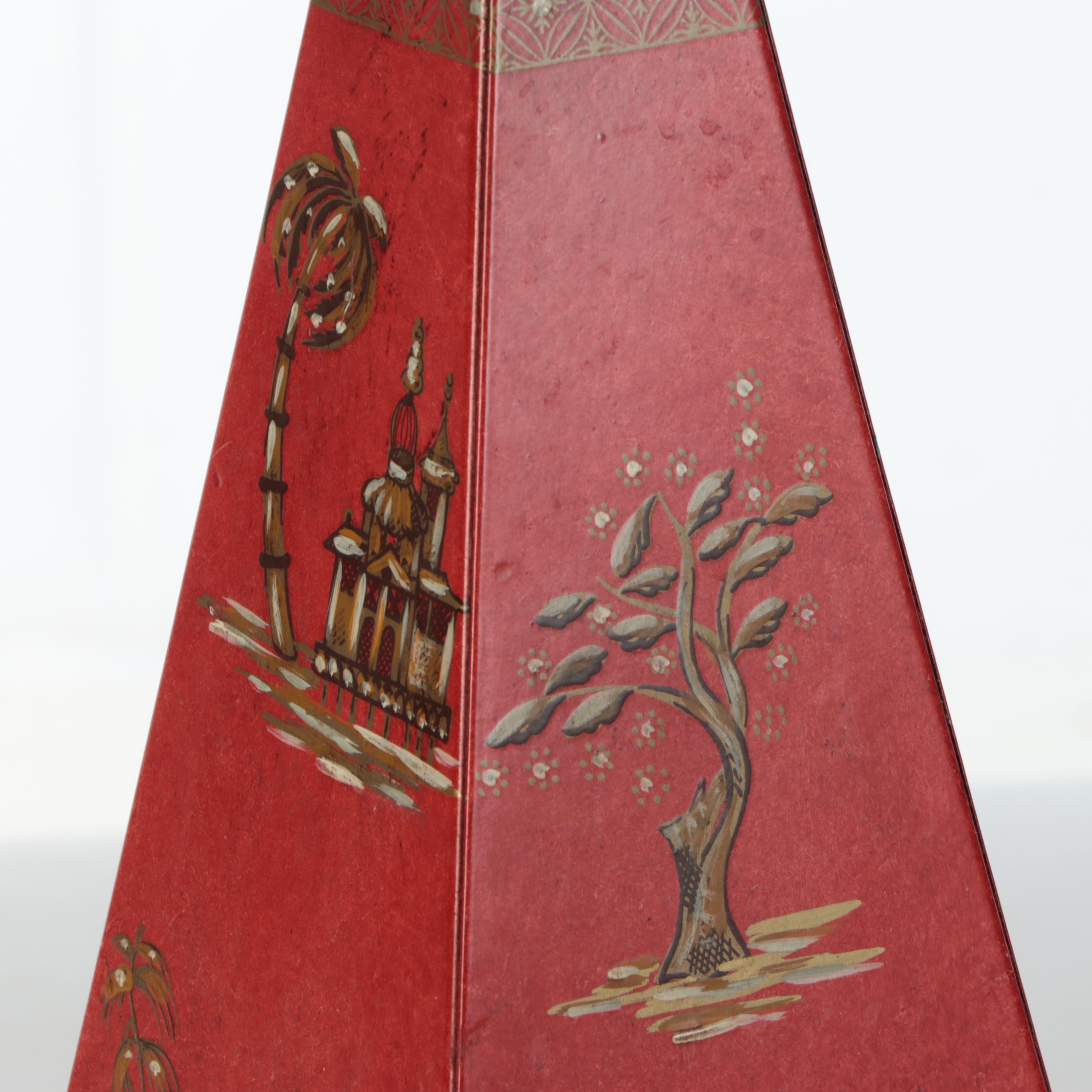 Chelsea House Chinoiserie Red and Gold Pyramid Table Lamp with Blue Shade