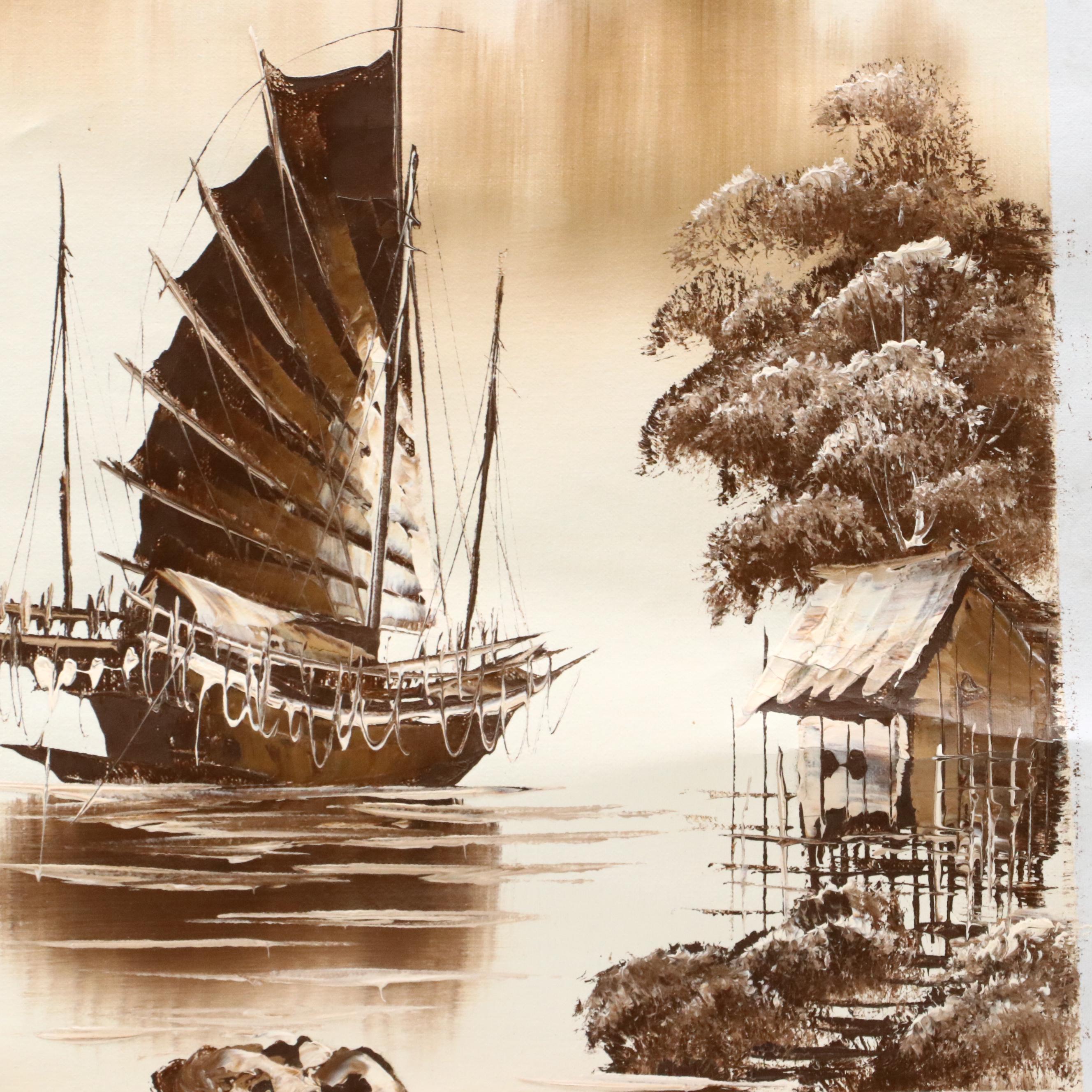 Chinese Lake Scene Oil Painting, Mid-20th Century
