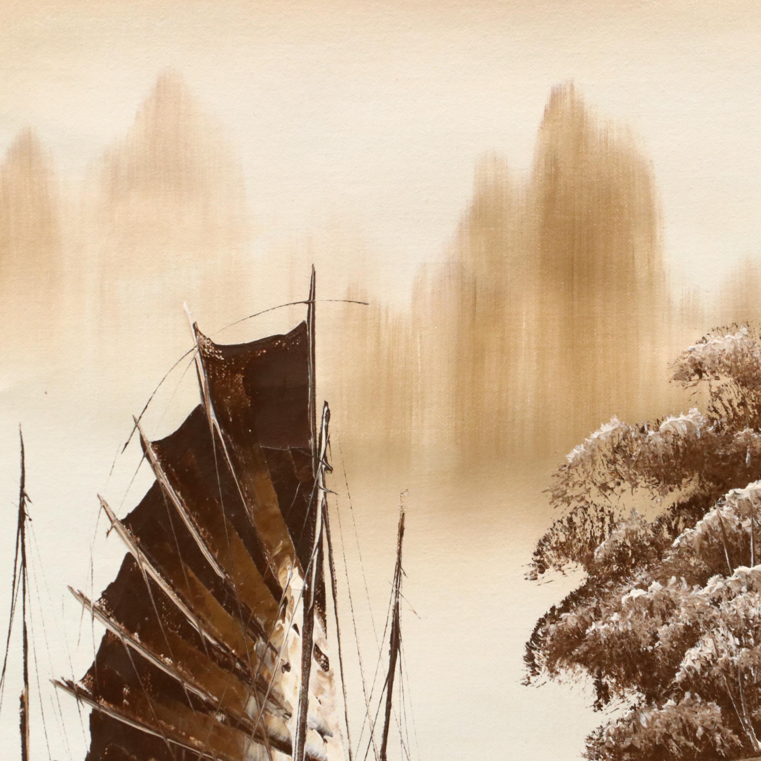 Chinese Lake Scene Oil Painting, Mid-20th Century