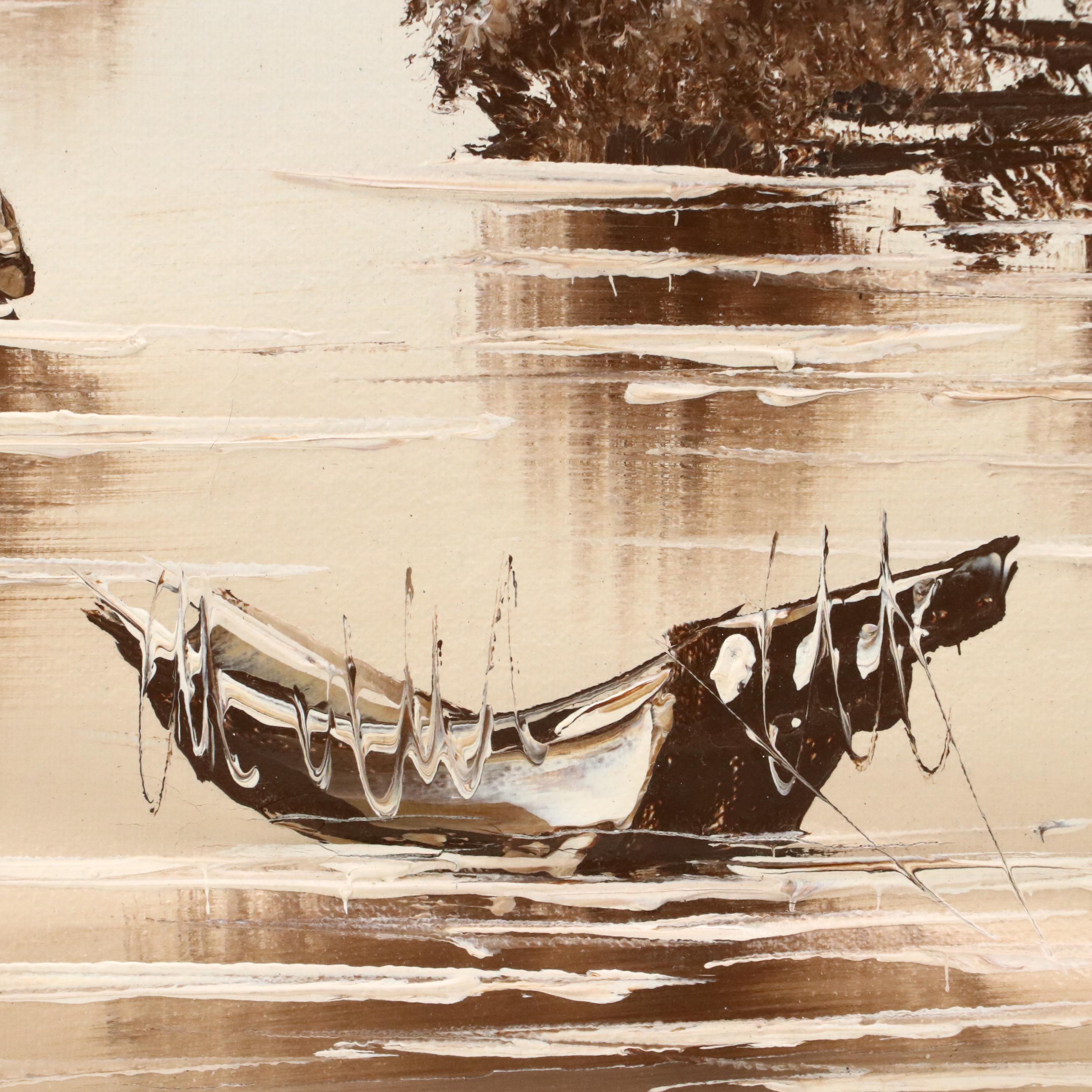 Chinese Lake Scene Oil Painting, Mid-20th Century