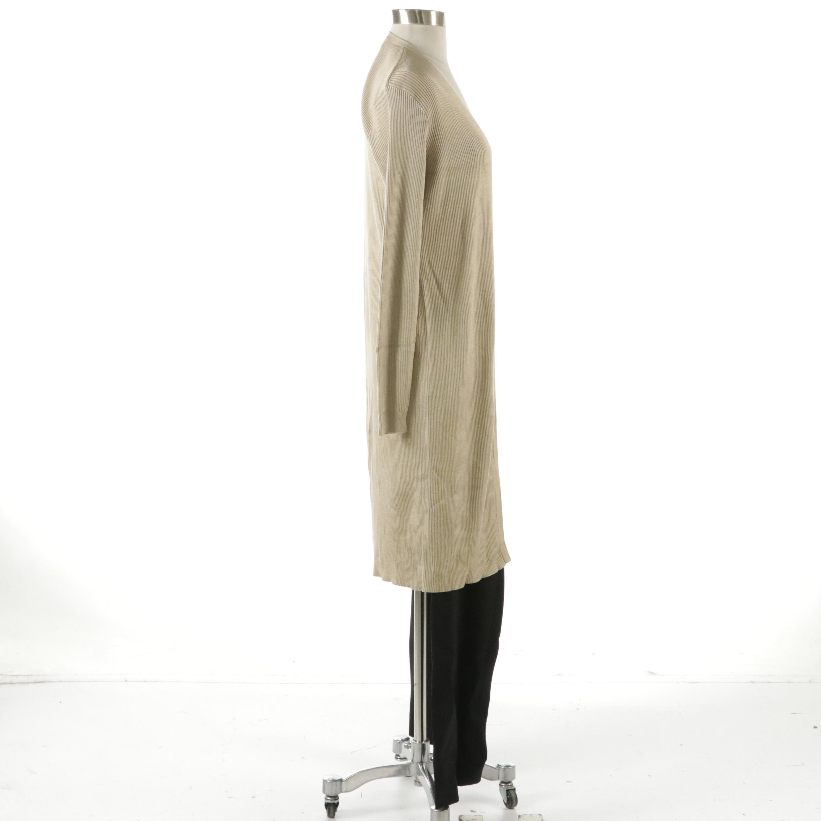 Ralph Lauren Silk Ribbed Long Cardigan and Wool Straight-Leg Trousers