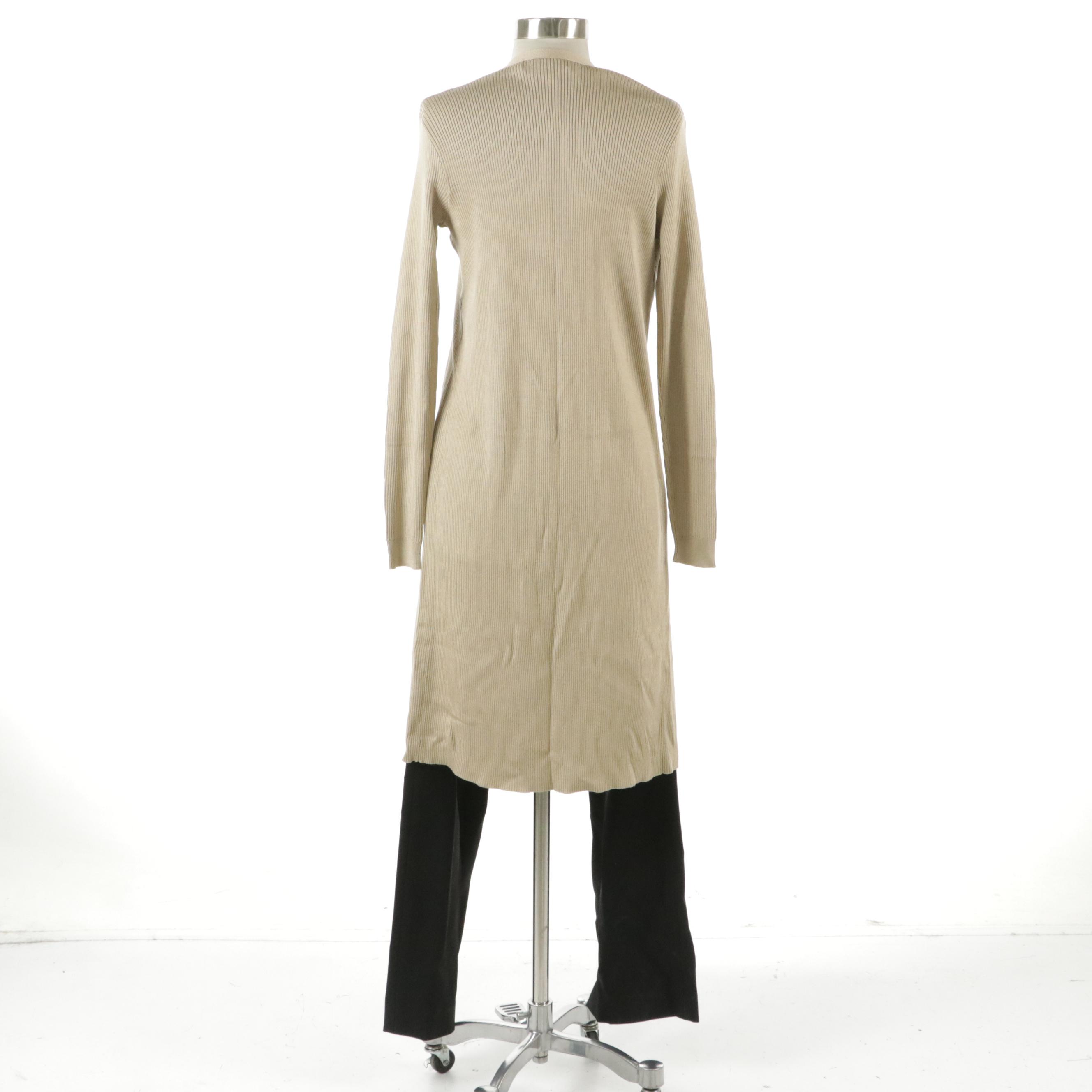 Ralph Lauren Silk Ribbed Long Cardigan and Wool Straight-Leg Trousers