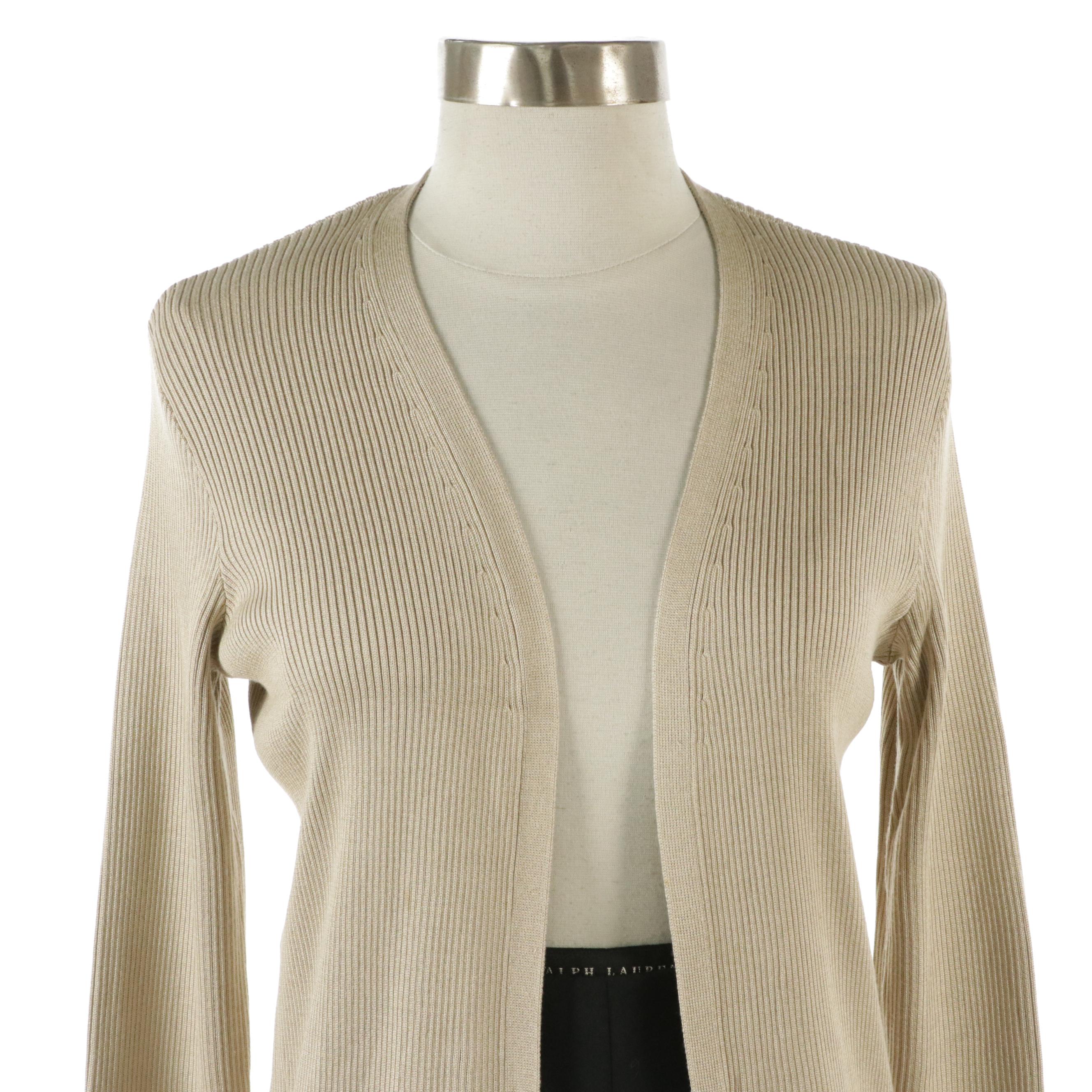 Ralph Lauren Silk Ribbed Long Cardigan and Wool Straight-Leg Trousers