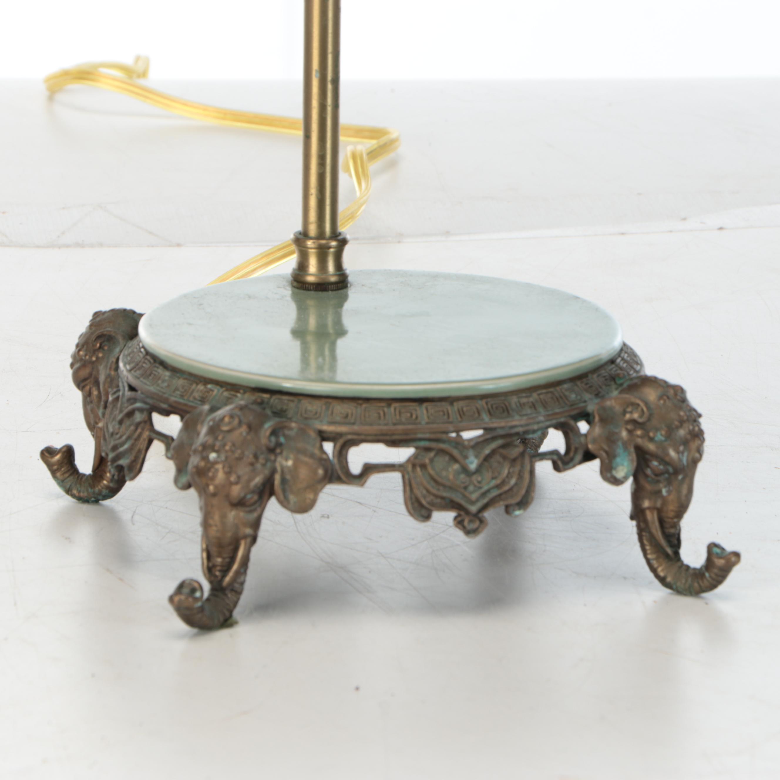 Chinese Style Bronze Elephant and Bat Platform Lamp with Burlap Shade