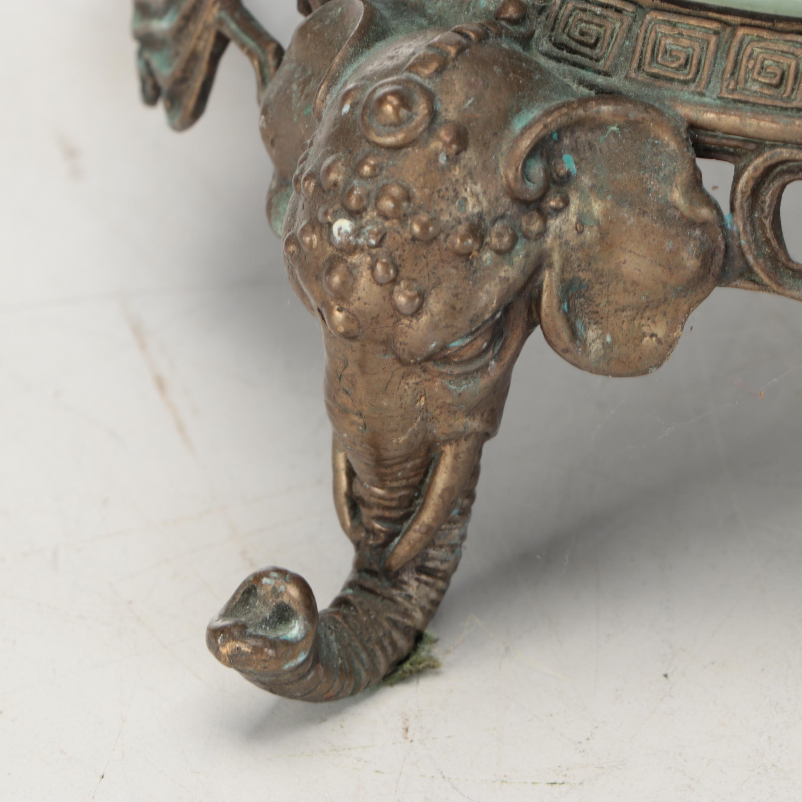 Chinese Style Bronze Elephant and Bat Platform Lamp with Burlap Shade