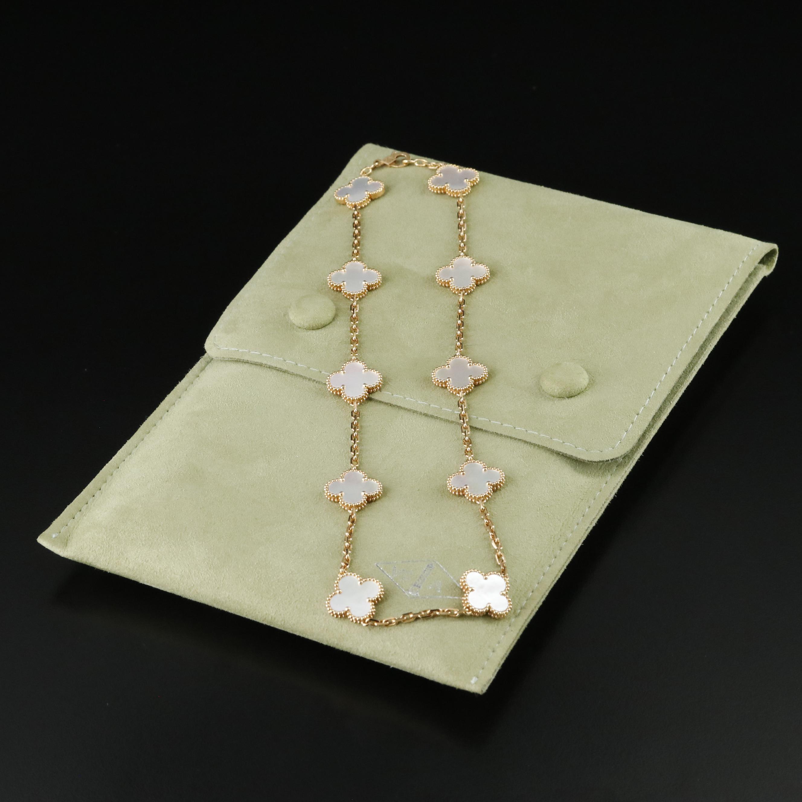 Van Cleef & Arpels Vintage Alhambra 18K Mother of Pearl Necklace 10 Motifs